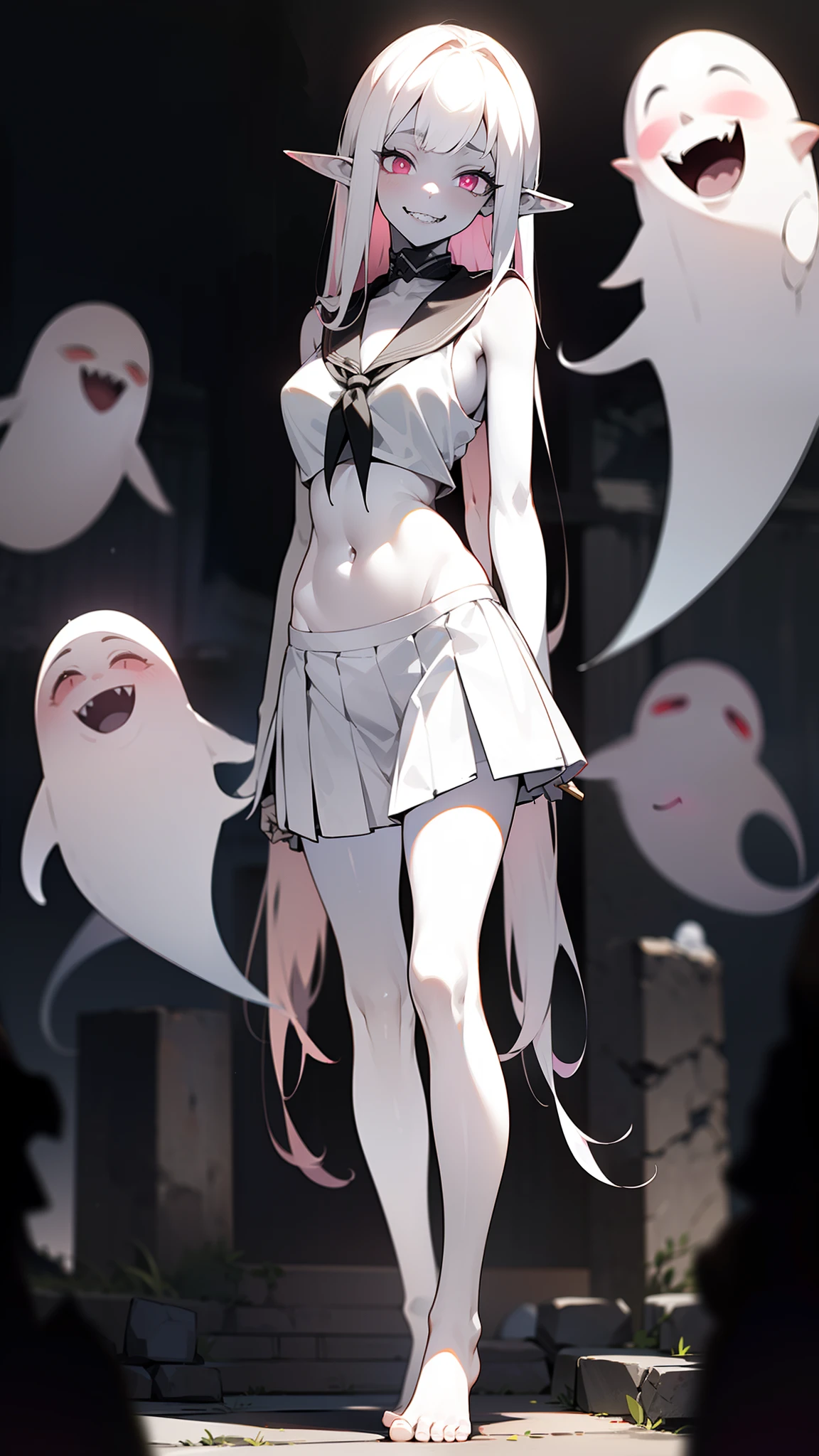 Original Character,8k, Masterpiece, Best Quality,Detailed, Beautiful Detailed Eyes,,cinematic composition,,1vampire girl,solo,pink eyes,white hair, long hair,(((white skin like a vampire,pale skin,colored skin))),sharp teeth,large breasts,(show belly,bare belly),(only white serafuku,sleeveless,black collar),(cleavage),(Japanese school white skirt),bare foots,elf ear,blush,((standing in front a stones ruins in night,cutes ghosts around)),night,white skin,colored skin,crazy Eyes,Crazy Smile, Shaded Face,yandere, yandere trance,teeths,closed mouth,full body