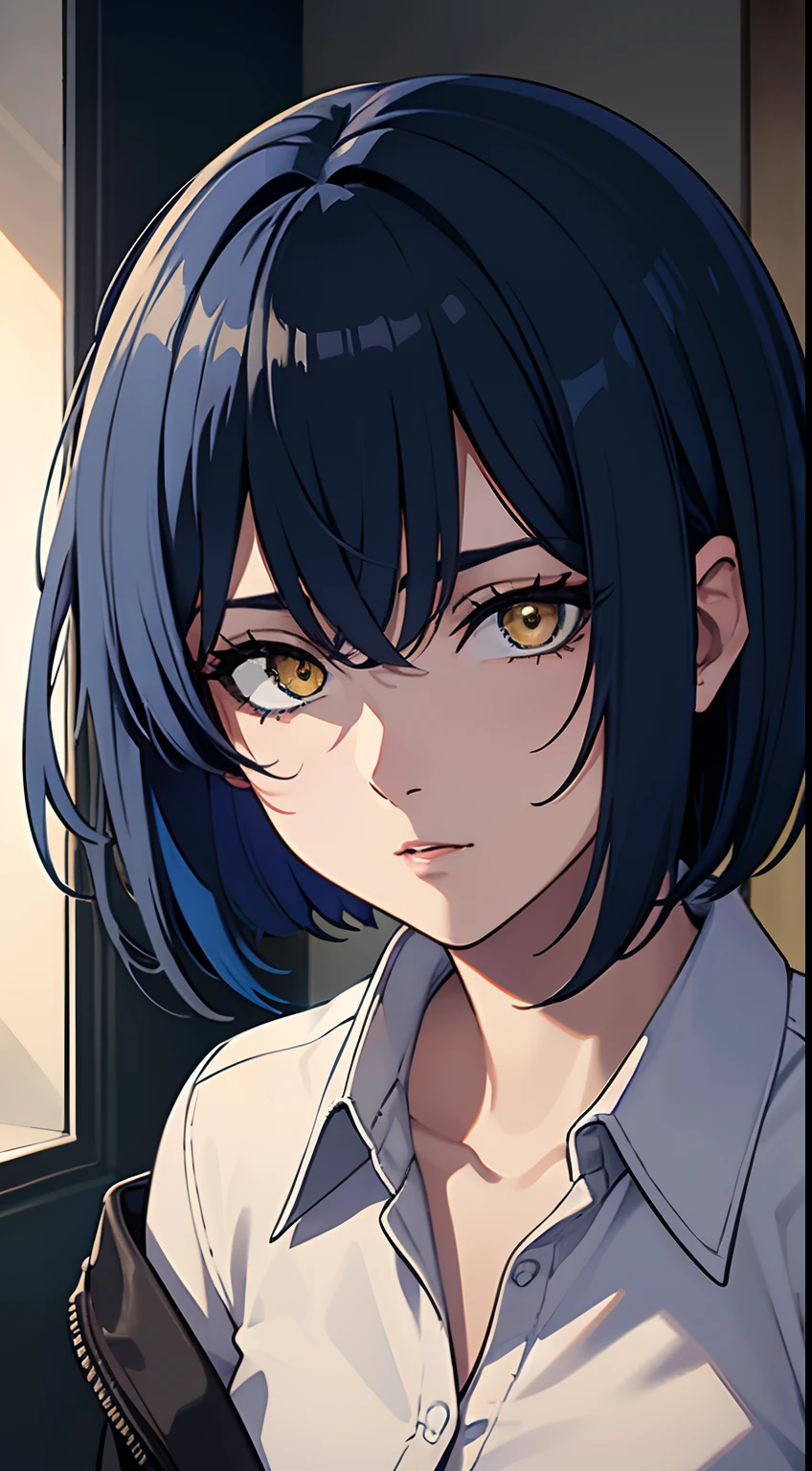 a woman with blue hair and a black jacket, beautiful natural lighting, yellow eye, pretty clothing!, 1 9 th, natural short hair, beautiful goddess, sultry look, light borwn hair, wear's beige shirt, morning light, looking exhausted, ultra detailed, best quality, expressive eyes, perfect face,