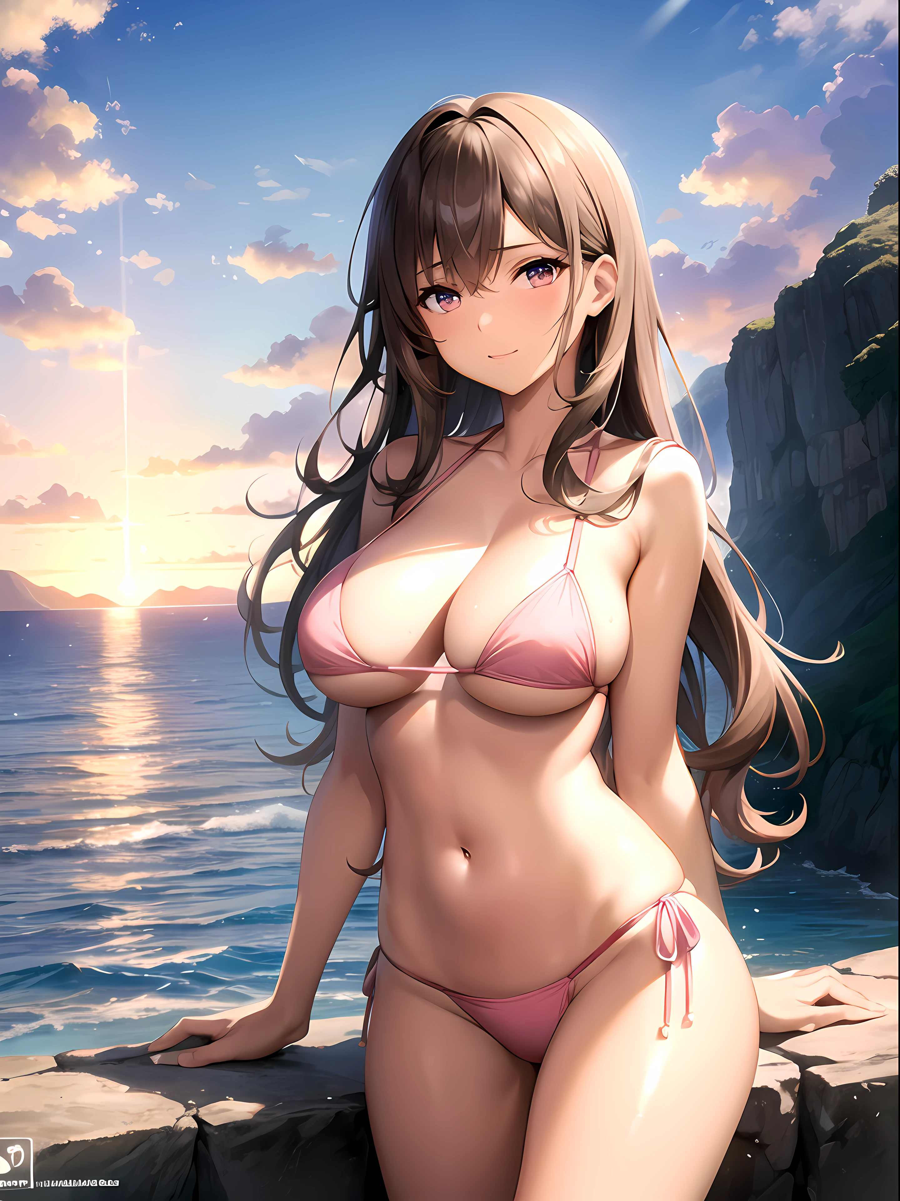 1female, very mature woman, milf, 30yo, (lighter brown hair, wavy hair)+, (dark skin, tan), (gal gyaru)+, very large breast, skinny leg, beautiful female proportions, seduction face, side tie bikini, (light pink bikini), stand in reflective water, onsen, concentric pool, ocean wave, sea waves hit the rocks, epic and stunning, (cliff in far background) , (summer, romantic, mesmerizing), heaven on earth, near the sea, stand in a reflective pool, beach, ((ocean, clouds)) , stunning view, (sunset, twilight)+, seaside onsen, masterpiece, trend on Pixiv, medium shot, backlighting, 8k, unfinished, oil paintings