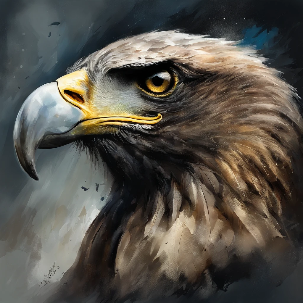 A majestic eagle，Sharp eagle eye，Close-up of the eagle, star night, Thick fog on the ground, Blue light on the horizon, Motor Unreal 5, cinematic ligh, low angle photography, Motion blur, depth of fields, Dust, Cobblestones and dirt. splashart, Drop ink. Perfect color classification. Influenced by Karel Appel and Jeremy Mann, Full of dramatic and threatening scenes, ultra - detailed, Beautiful, insanely details, intricately details, editorial photography, shot with a 50mm lens, depth of fields, Tilt Blur, Shutter Speed ​​1/1000, f/22. Lightmaps, Super bright