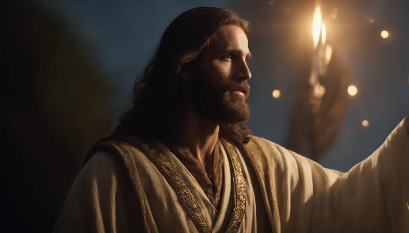 Create a majestic image of Jesus in a celestial setting, with his divine aura shining brightly.
