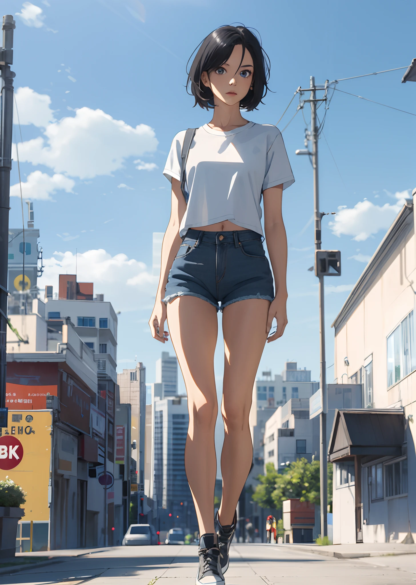 1girl, short black hair, blue eyes, wearing plain white shirt, denim shorts, city, absurdres, high res, ultrasharp, 8K, masterpiece, looking at viewer