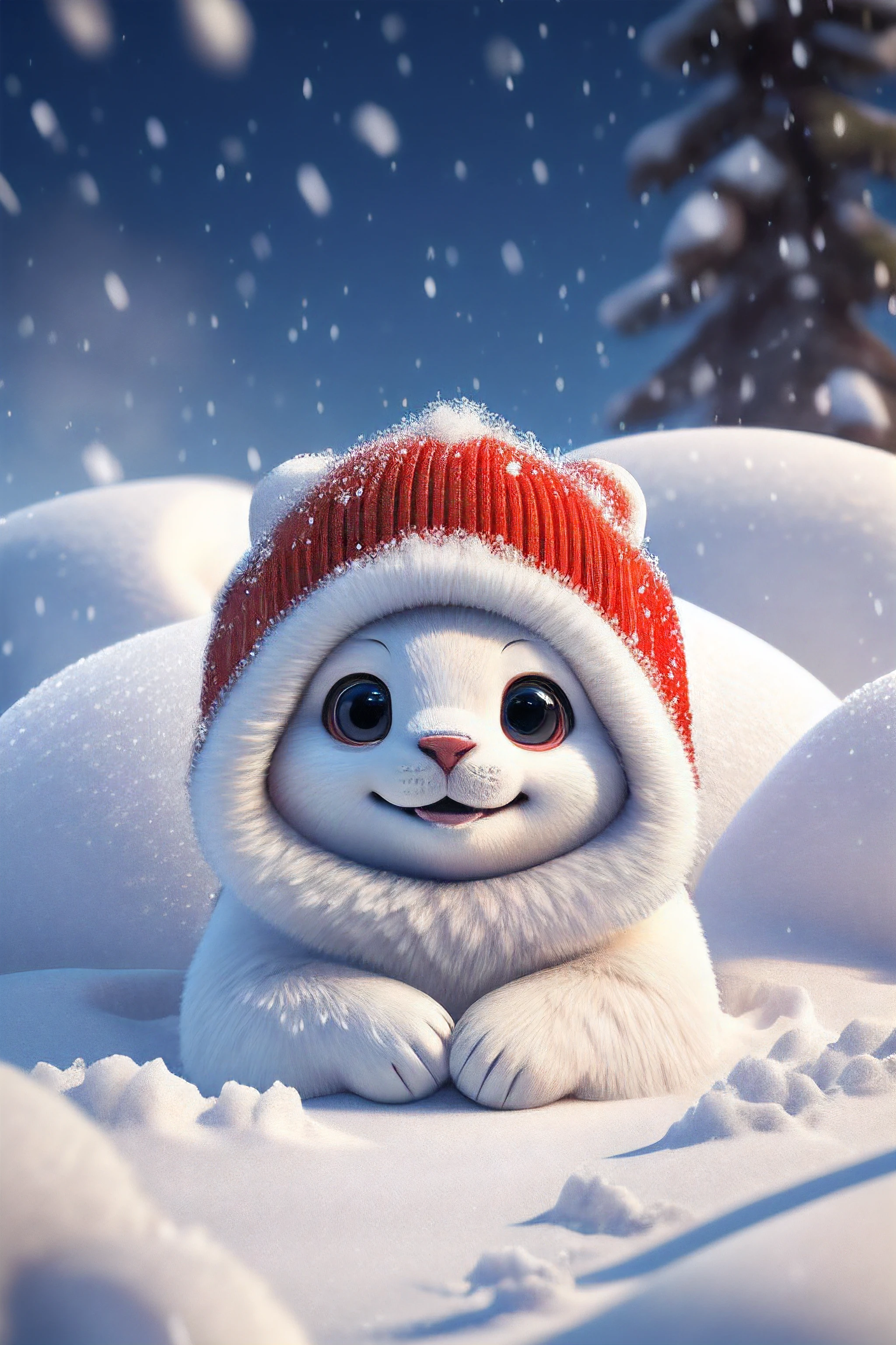 cute harp seal with fluffy fur wearing a snapback hat, lying flat down in snow, head and body covered in a pile of snow, snowing in the arctic, vivid colors, 3d render, bright lighting, vivid colors, grinning from ear to ear,