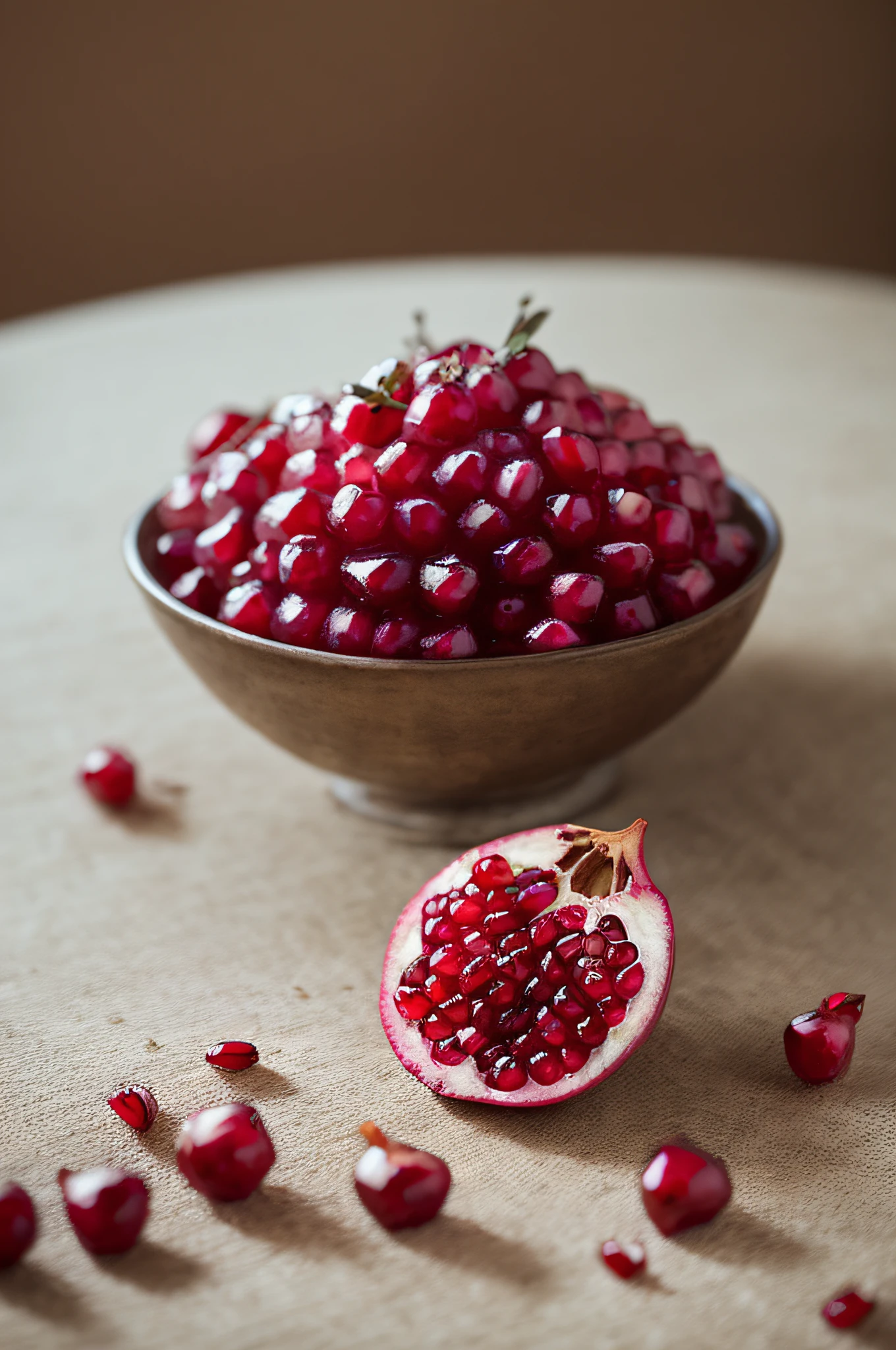 On the white table lay broken pomegranates，Pomegranate flesh is crystal clear，Close-up of the shot to the pomegranate，super realistic food picture, primitive, 5D, Beautiful, warm, delicacy, Realistic，8K，tmasterpiece，Photo level，