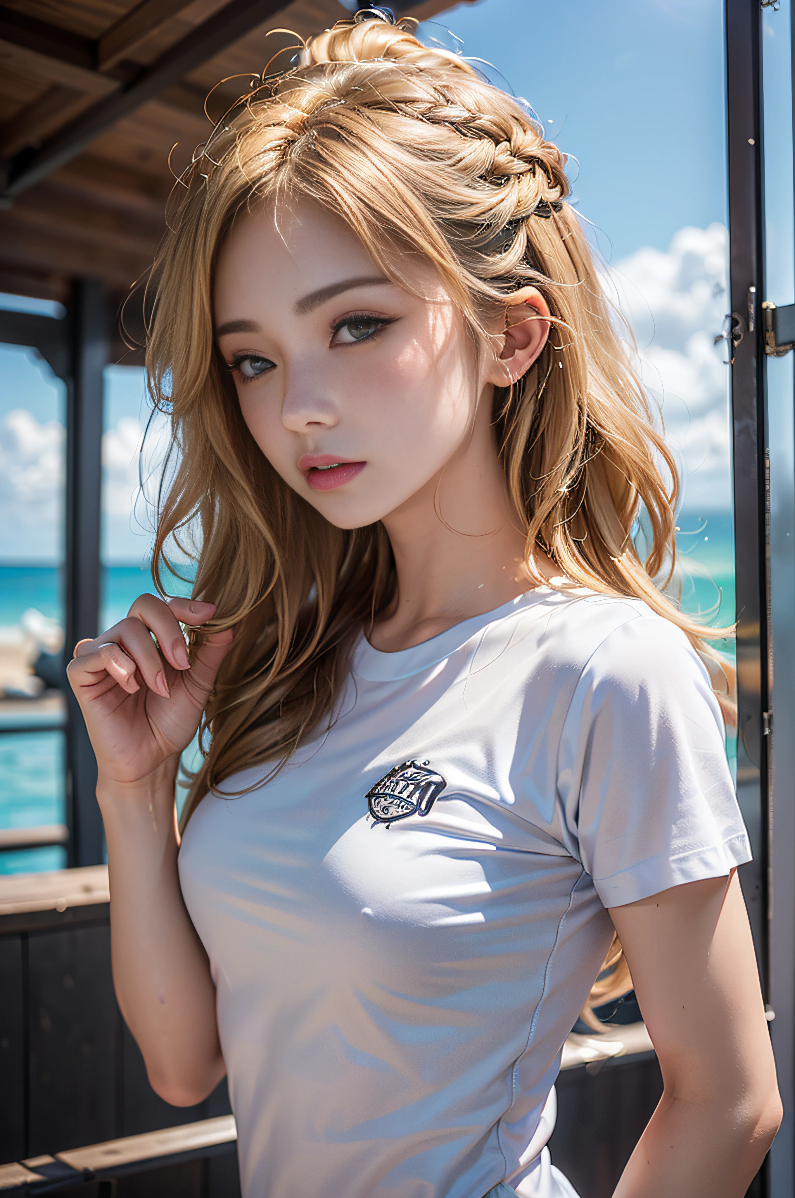 (1girl)、middlebreast、sun burn、Expose muscles、Sweat muscles、Wavy blonde hair、Nylon T-shirt、Punk Girl、A dark-haired、cleanness