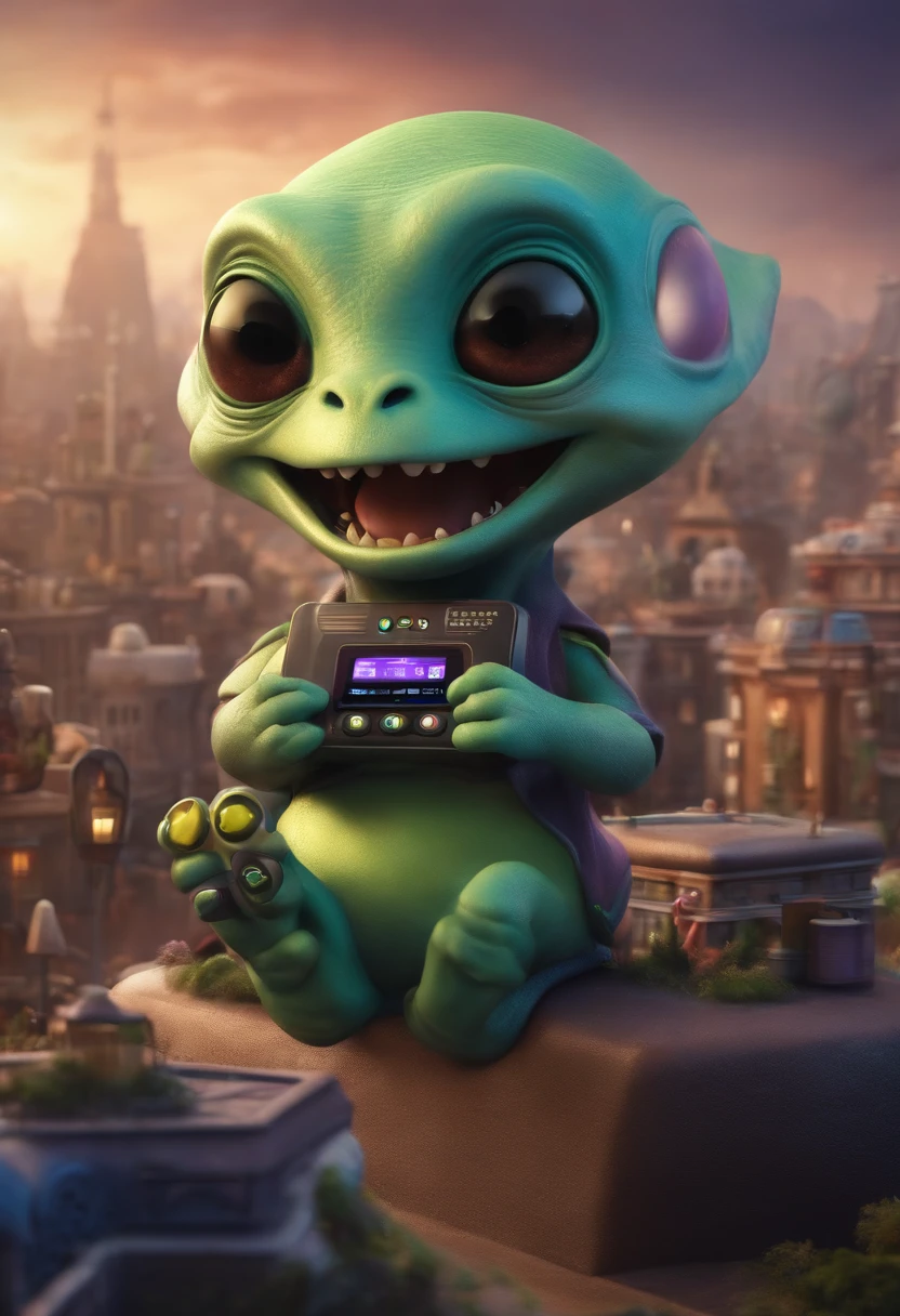 Create an image of a cute alien smiling and holding a remote control device, turning an entire city into an alien amusement park.