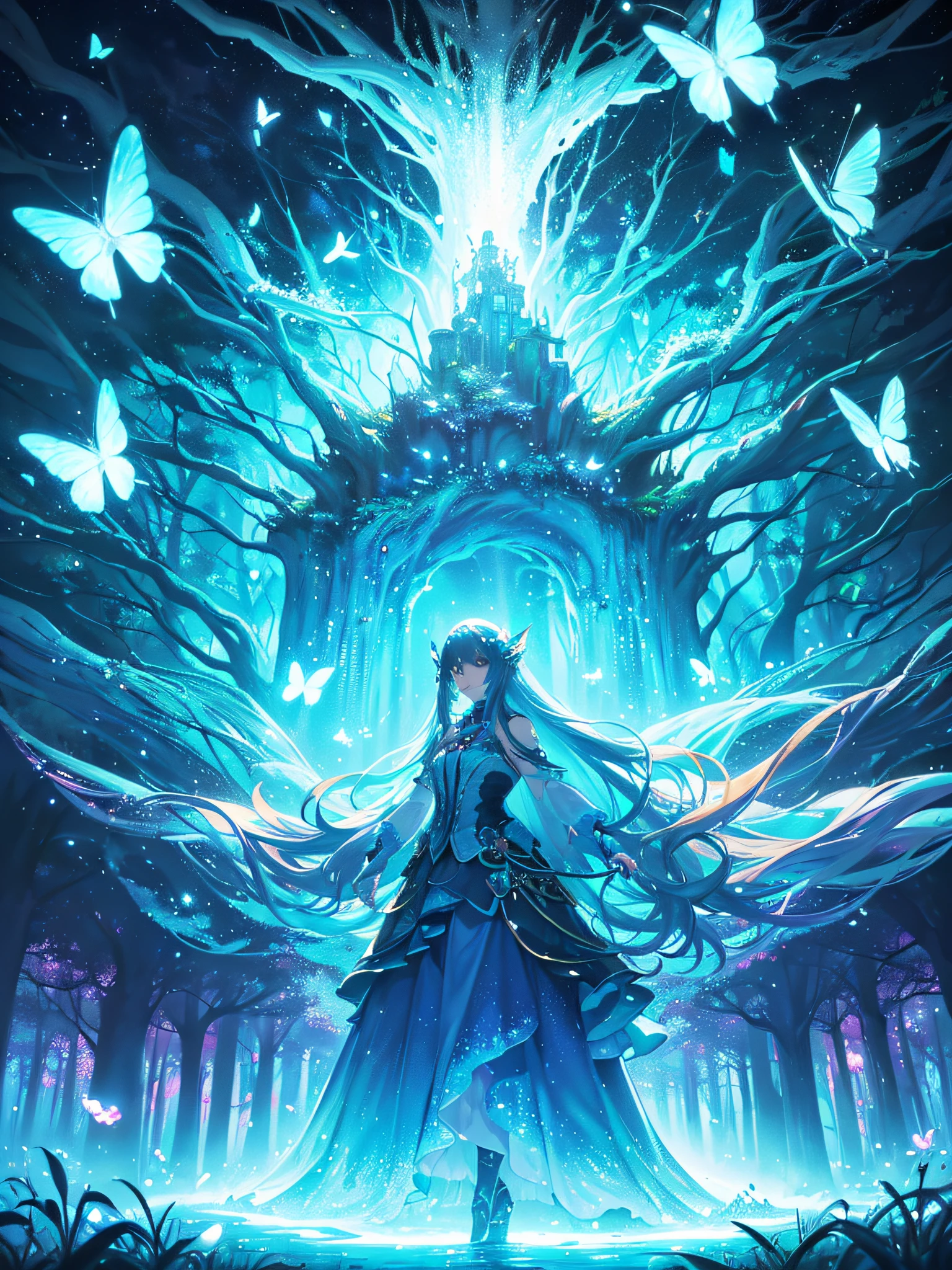 Enchanted mystical forest, neon-colored butterflies, pure blue water river spring, golden mini fairies, glowing mushrooms releasing pollen, extremely beautiful landscape, (ultra-realistic), {extremely detailed 8k CG unit wallpaper}, expansive landscape photography, (a low view that prioritizes the entire scene, (wide open field view), (low angle shot), (high light: 1.5), (low light: 1.0), (warm light source: 1.0), complex details, (iridescent colors: 1.5), (bright lighting), (atmospheric lighting), nature, magical, landscape