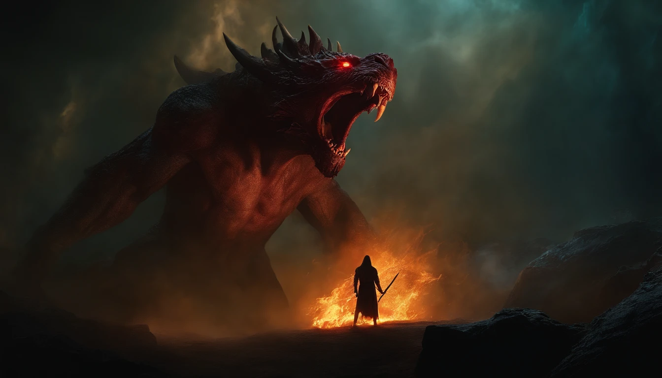 In the heart of the abyss, Jesus encounters the demon, a grotesque creature with fiery eyes and sharp claws. The epic battle begins.