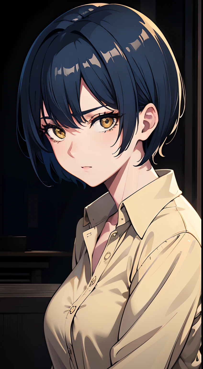 a woman with blue hair and a black jacket, beautiful natural lighting, yellow eye, pretty clothing!, 1 9 th, natural short hair, beautiful goddess, sultry look, light borwn hair, wear's beige shirt, morning light, looking exhausted, ultra detailed, best quality, expressive eyes, perfect face,