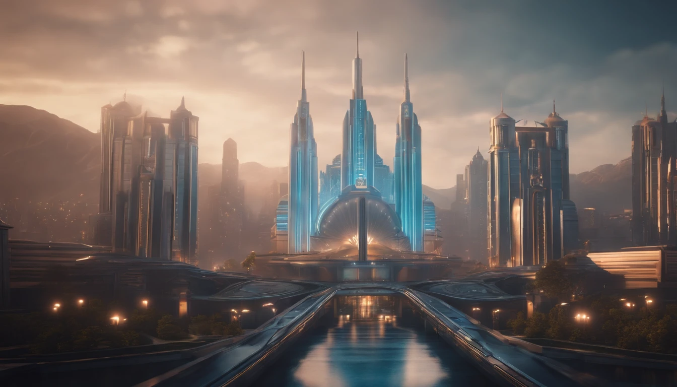 A futuristic Decopunk utopian metropolis with lots of Art Deco architecture, soft-lighting, foco nítido, qualidade 8k, Foto RAW
