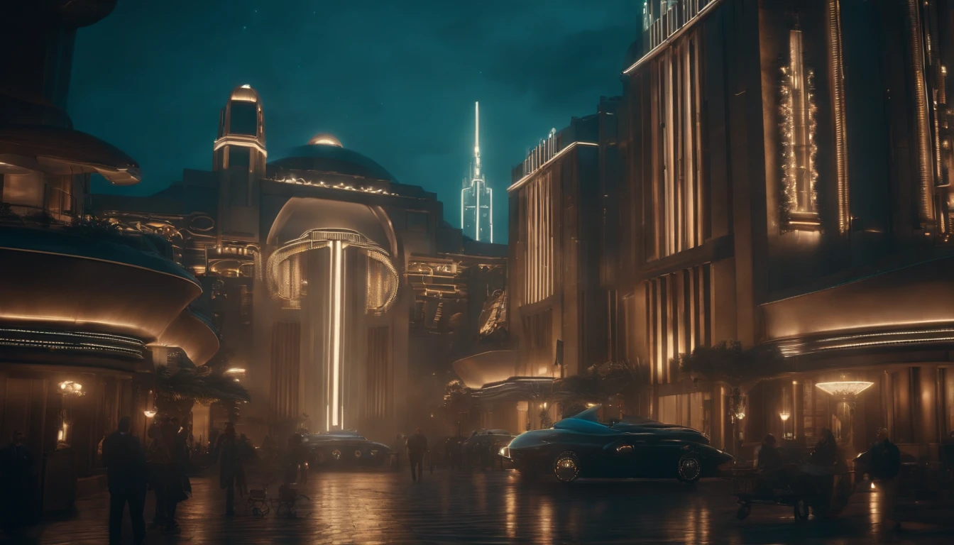 A futuristic Decopunk utopian metropolis with lots of Art Deco architecture, soft-lighting, foco nítido, qualidade 8k, Foto RAW