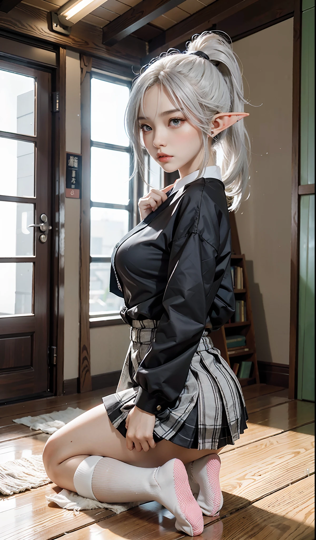 （Extremely normal body）Japanese-style town：1 Elf beauty，JK school uniform，(Elf long ears)，Short silver-white hair，Half-tied ponytail。Uniform for female high school students)，Short plaid skirt，Black socks, Black socks，black sock，slippers，Jade foot ， very detailed eyes and faces， Sharp pupils， realistic pupil， tack sharp focus， cinmatic lighting，full bodyesbian，Bigboobs，long leges，From the front side，dynamicposes，Normal posture，closeup of face