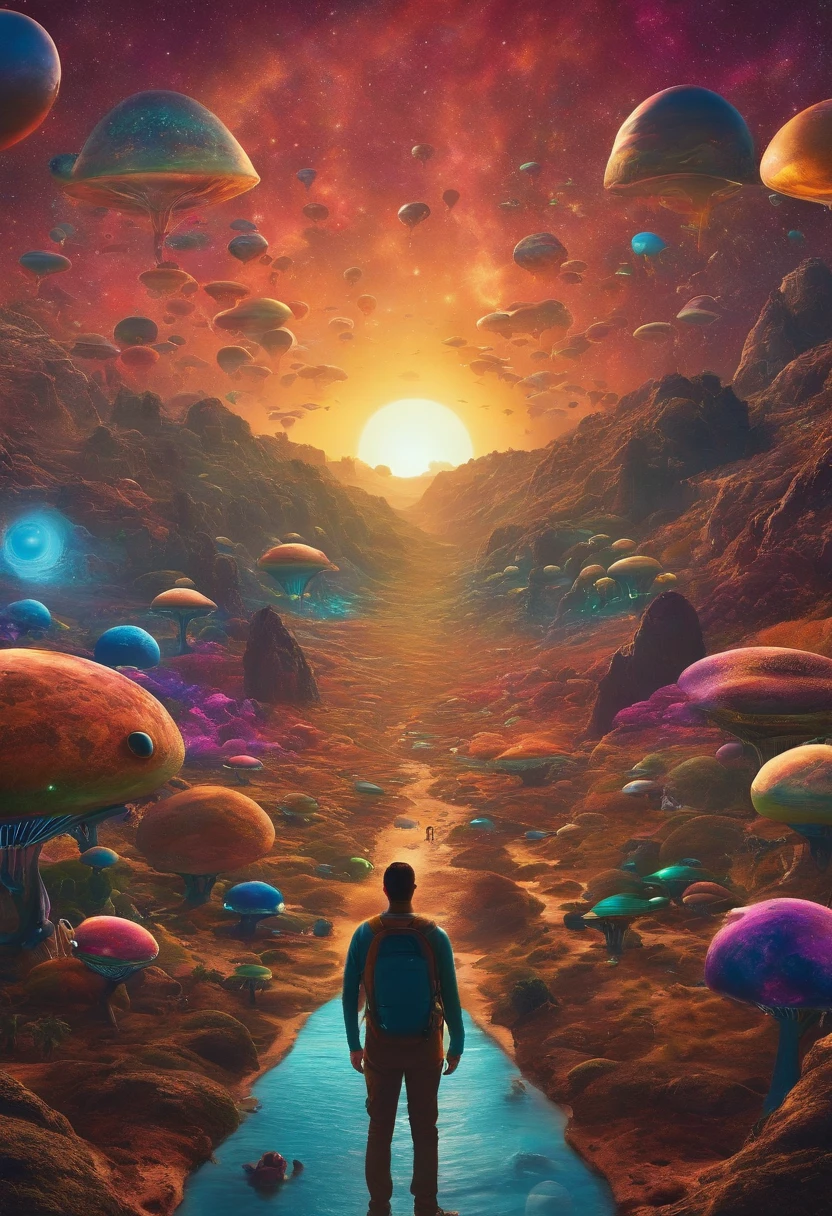 Desenhe um planeta distante, full of colorful aliens, todos olhando para um grande televisor, completely alienated by programming