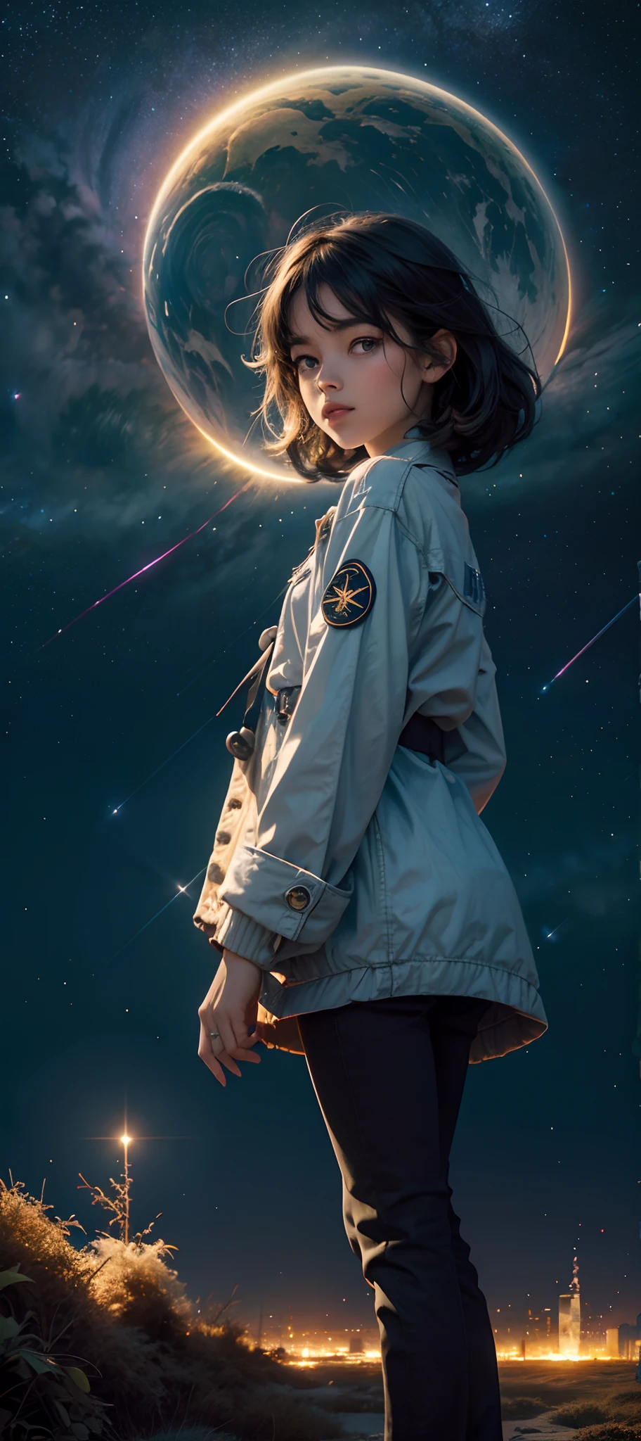 octans, heaven, estrela (heaven), paisagem, starly sky, noite, nuclear explosion , nuclear explosion, 1girl, night sky, solo, ao ar livre, bilding, nuvem, milky ways, sentado, tree, cabelo longo, cidade, silhueta, paisagem urbana