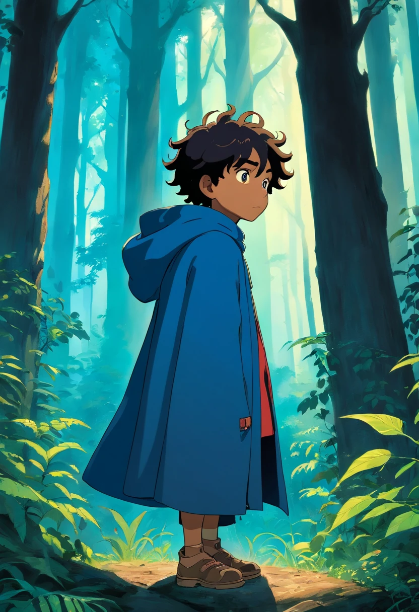 a young boy of African descent. He stands at the edge of a dense forest, the hood of his dark cloak pulled over his head. His curly hair peeks out from underneath, and his eyes, a startling fluorescent blue, are transfixed on the distant city.]