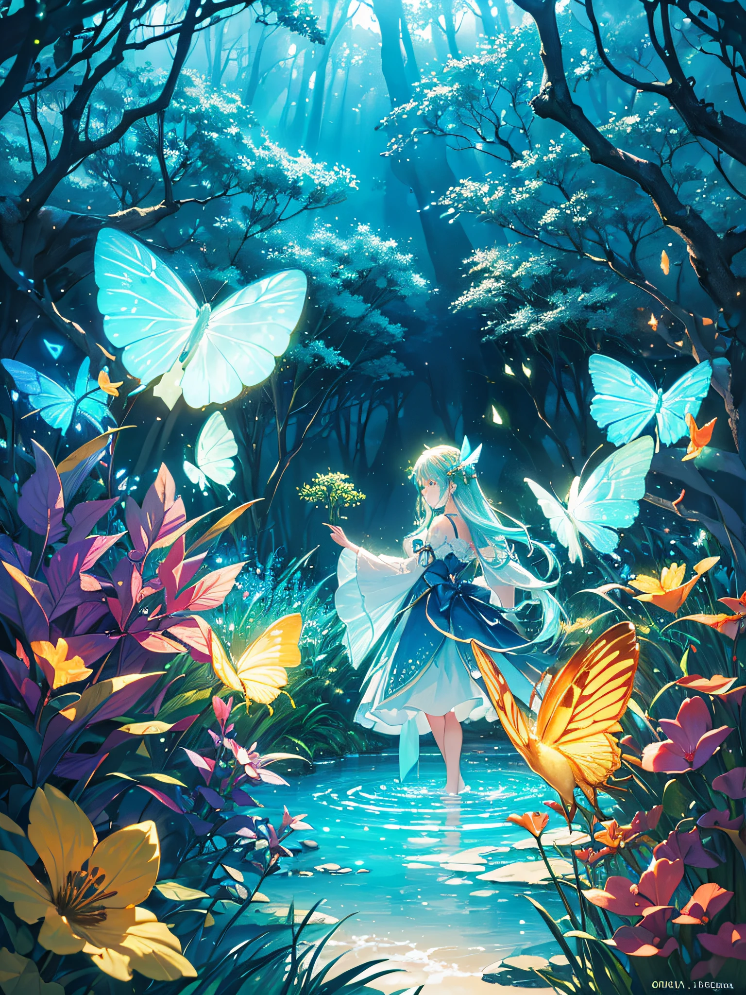 Enchanted mystical forest, neon-colored butterflies, pure blue water river spring, golden mini fairies, glowing mushrooms releasing pollen, extremely beautiful landscape, (ultra-realistic), {extremely detailed 8k CG unit wallpaper}, expansive landscape photography, (a low view that prioritizes the entire scene, (wide open field view), (low angle shot), (high light: 1.5), (low light: 1.0), (warm light source: 1.0), complex details, (iridescent colors: 1.5), (bright lighting), (atmospheric lighting), nature, magical, landscape