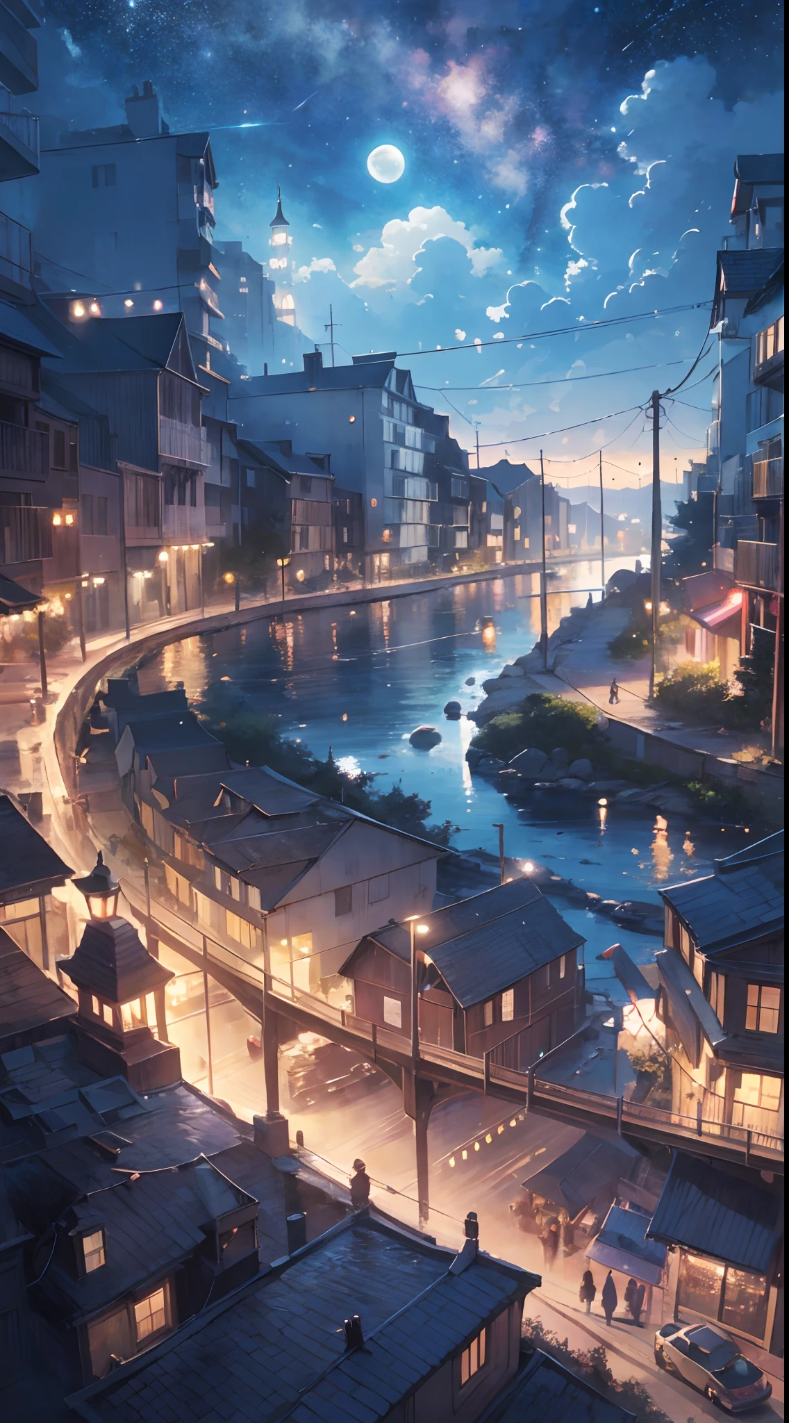 A painting of a river with stars and moon in the sky, concept art inspired by Tosa Mitsuoki, pixiv contest winner, best quality, fantasy art, beautiful anime scene, a bright moon, moonlit starry environment, dream painting, Anime Background Art, Fantasy Landscape Art, Fantasy Night, Anime Background, Background Artwork, Fantastic Art, Atmospheric Anime, Starry Sky, Detail Enhanced.