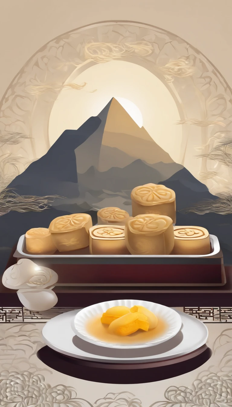 4K,Graphic design,Geometric composition,during night,Huge Full Moon,A small amount of smoke,Cans,A small amount of Cantonese egg yolk mooncakes, Mooncake size, poster for, Fresh style background, Attractive,Ultra HD,tmasterpiece,romanticism lain, Minimalism, Close-up, 8K,ccurate, Best quality, hyper HD