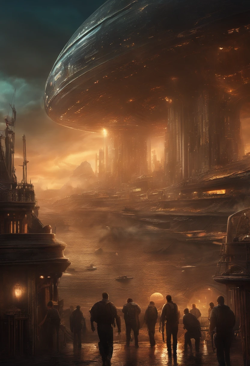Draw a city with a lot of confusion and destruction, with aliens abducting 3 people and many alienated people on the ship