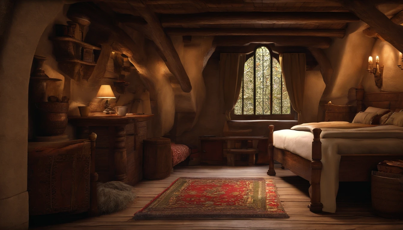 house interior, bedroom, medieval, single bed, unpopulated, ultra detail