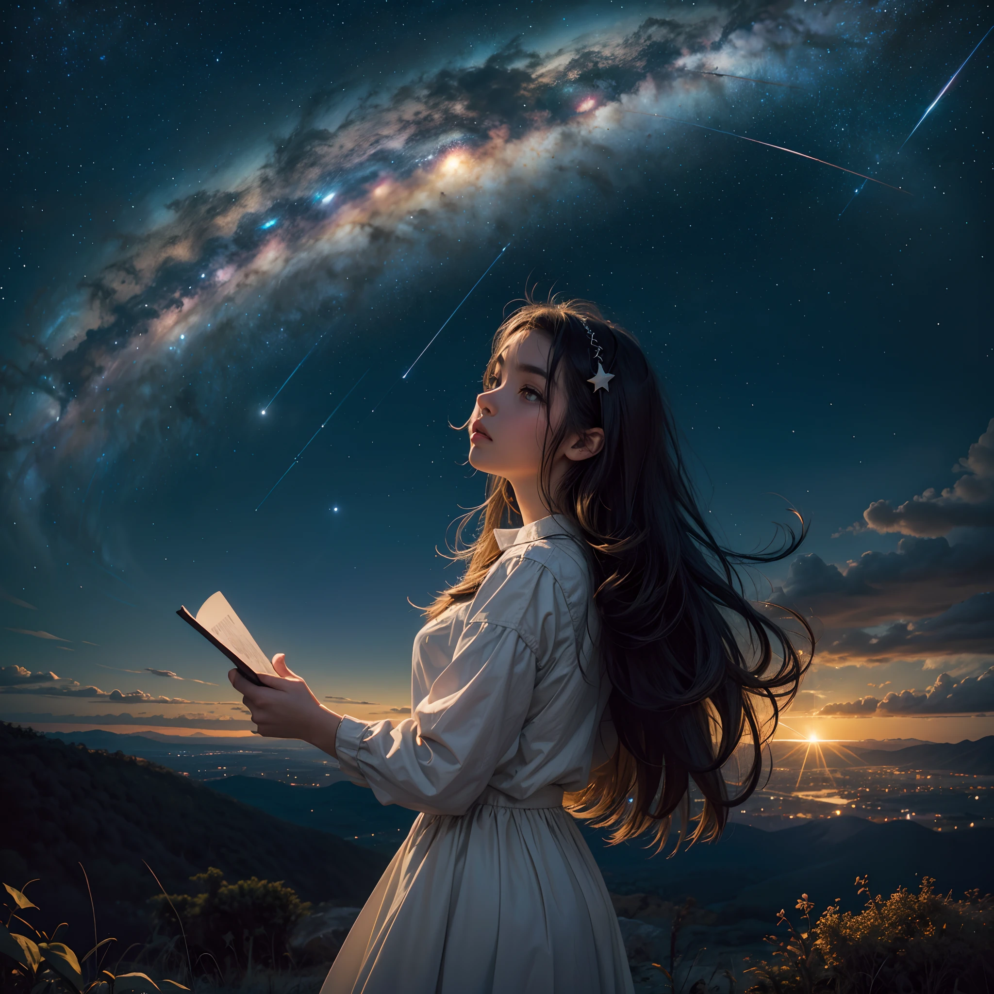 Octano, heaven, estrela (heaven), Paisagem, starly sky, noite, nuclear explosion , nuclear explosion, 1girl, night sky, sozinho, ao ar livre, bilding, nuvem, milky ways, sentado, tree, cabelo longo, Cidade, silhueta, Paisagem urbana