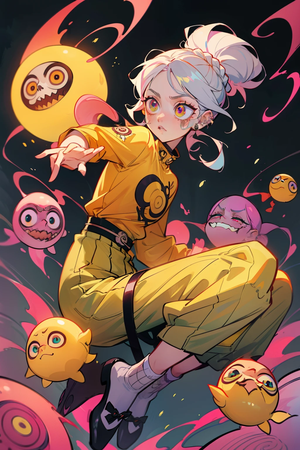 yellow shirt, yellow pants, yellow hair, yellow sky, yellow drunkset, yellow cats, yellow bed, wearing low rise baggy camo pants with square pockets and a cute decorated bra with chains and tore pants, yellow pants, change background, CITY LANDSCAPE, PINK HAIRED, Cotton CANDY, long black haired princess girl with her short green haired zombie boyfriend (((DEMON SLAYER anime art style theme))) ANIME STYLE. TRADITIONAL CHINESE MANGA, Singing into microphone, sitting on large dice, yellow theme, sisters, couple, shibari over a floral dress, crocs with charms, frilly ankle socks with bows, large bows, color schemes pink, pink glowing elements, light effects, bright lights, aura, light rays, back lighting, warm back light, background is just pillows, dynamic pose, vogue model, prada model, gucci model, long braided hair, flowers, dot tattoos, piercings, fishnets, mini jean skirt, and strap-less top, y2k, white water, underwater with fishes everywhere holding breath eating fish, Ultra maniac anime manga style theme (nana manga) Kamikaze kaitoujin, full body high quality 4k illustration, ceiling view pose girl looking into camera from a white bedsheet and blood splatter, Junji ito style, (uzumaki, lit. "Spiral") is a Japanese horror manga series written and illustrated by Junji Ito, horror illustration, (uzumaki) (tomie) (a girl,beauty,2girls,3girls)cool detailed eyes,beautiful detailed lips,extremely detailed eyes and face,longeyelashes,colorful hair,confident smile,stylish outfit, earringsin a dynamic pose(aesthetic style),vibrant colors,street-art inspired background,urban lighting, pearly white and oranget, horror Comic book. White hair streaks, aqua blue hair, hair with a lot of flow and blonde, city scape, clothes, lingerie laying on the floor, skeletons.
