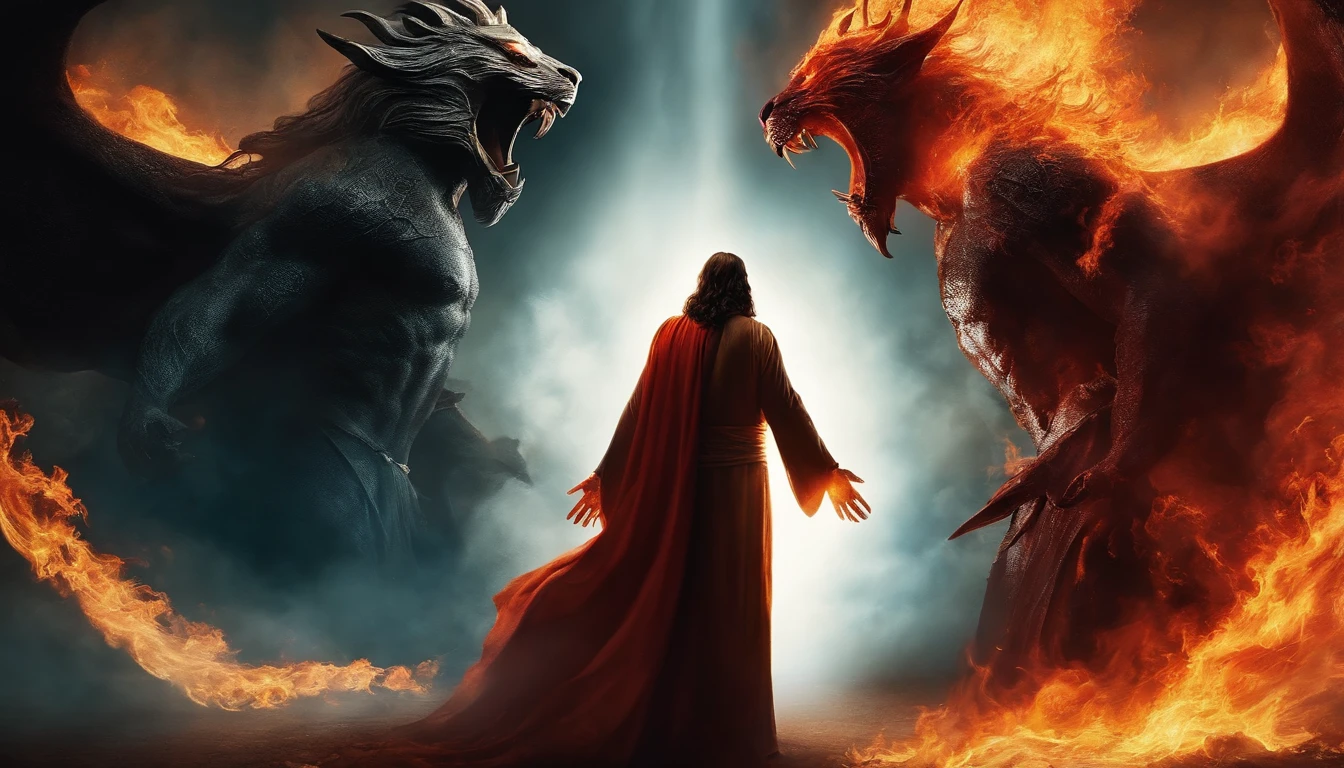 Create a striking image of the confrontation, with Jesus Christ and the demon facing each other, surrounded by flames and shadows.