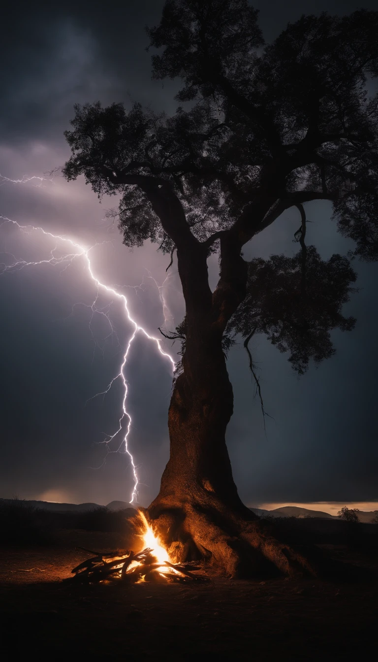 lightning striking a tree, starting a fire and the astonishment of the hominids around.