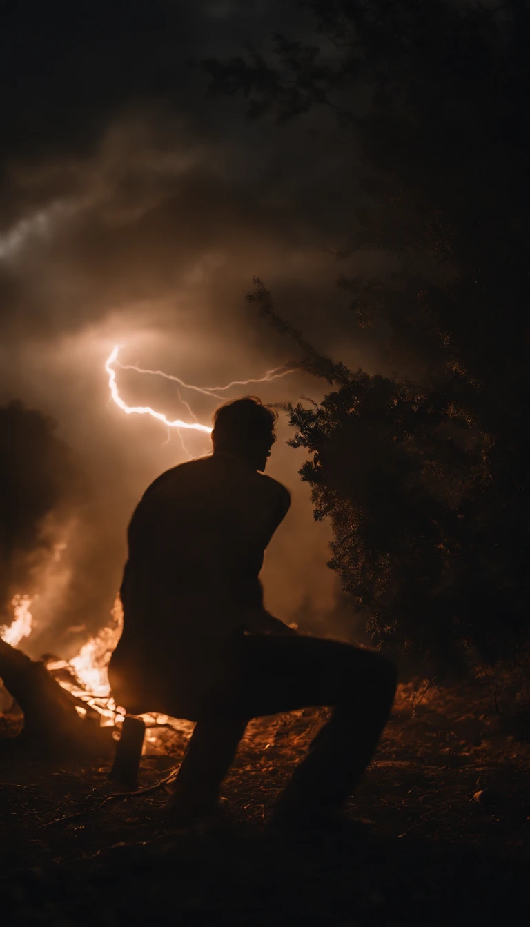 lightning striking a tree, starting a fire and the astonishment of the hominids around.