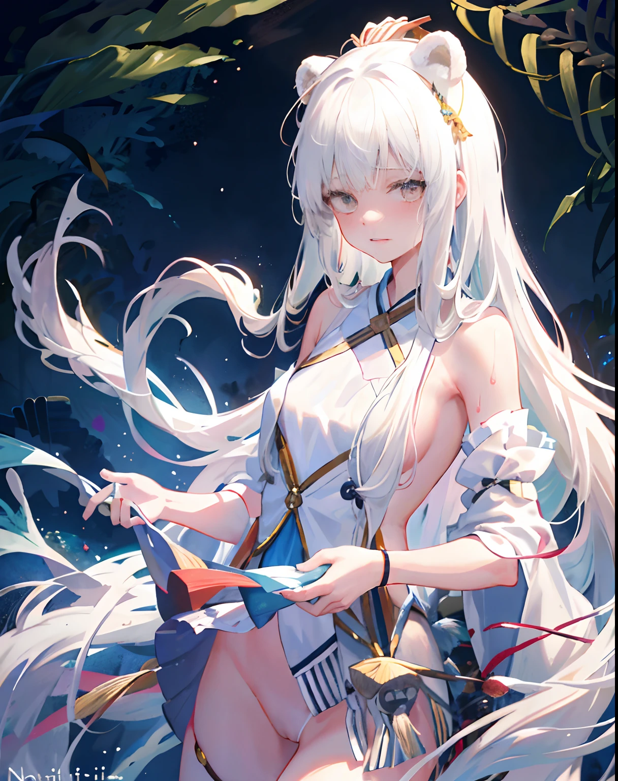 1girll, 独奏,,Long silver-white hair, dual horsetail,Bear headdress,Upper body nudity,Lower body nudity,The kinky is exposed ,perspired,Lots of sweat,liquid milk,