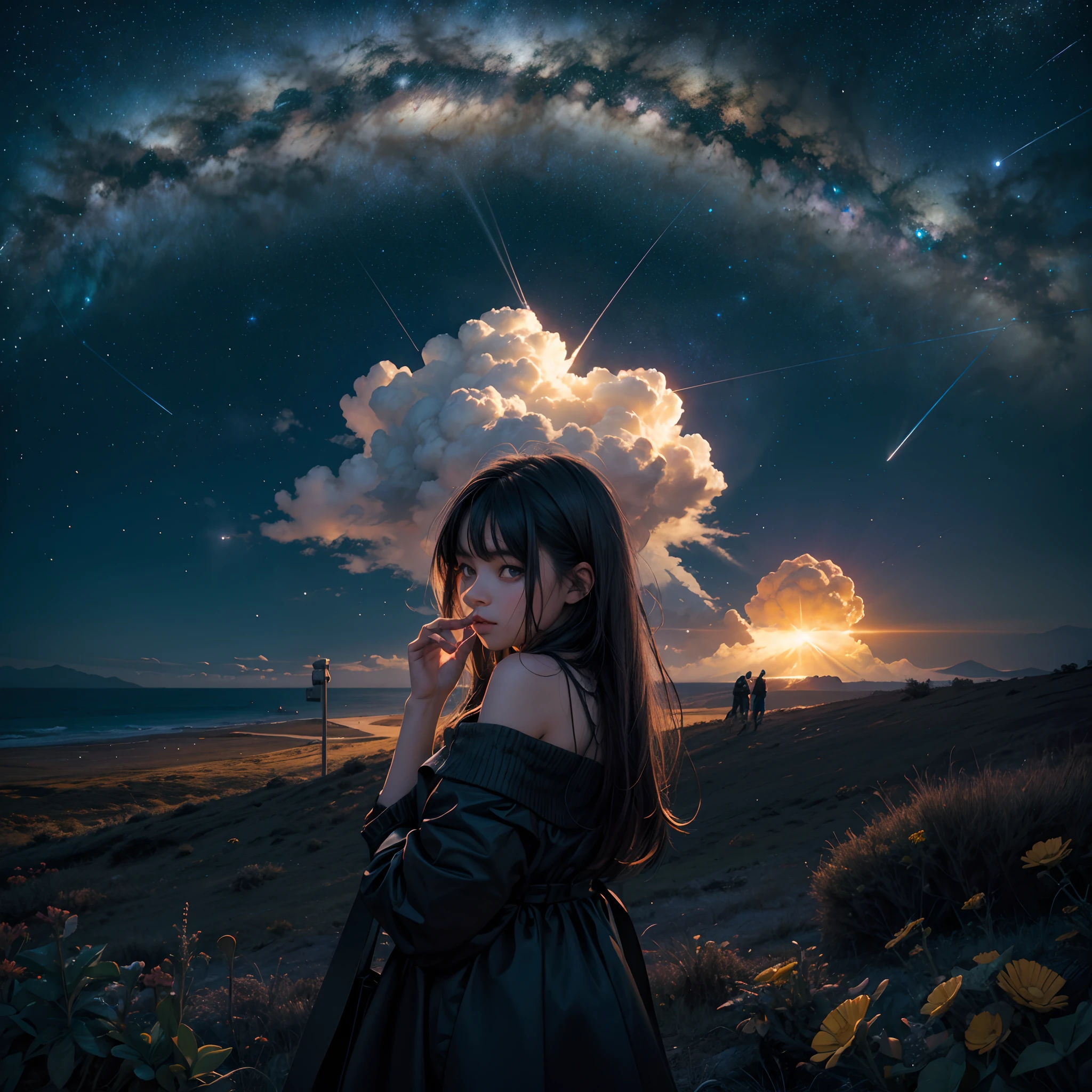 Octano, heaven, estrela (heaven), Paisagem, starly sky, noite, nuclear explosion , nuclear explosion, 1girl, night sky, sozinho, ao ar livre, bilding, nuvem, milky ways, sentado, tree, cabelo longo, Cidade, silhueta, Paisagem urbana