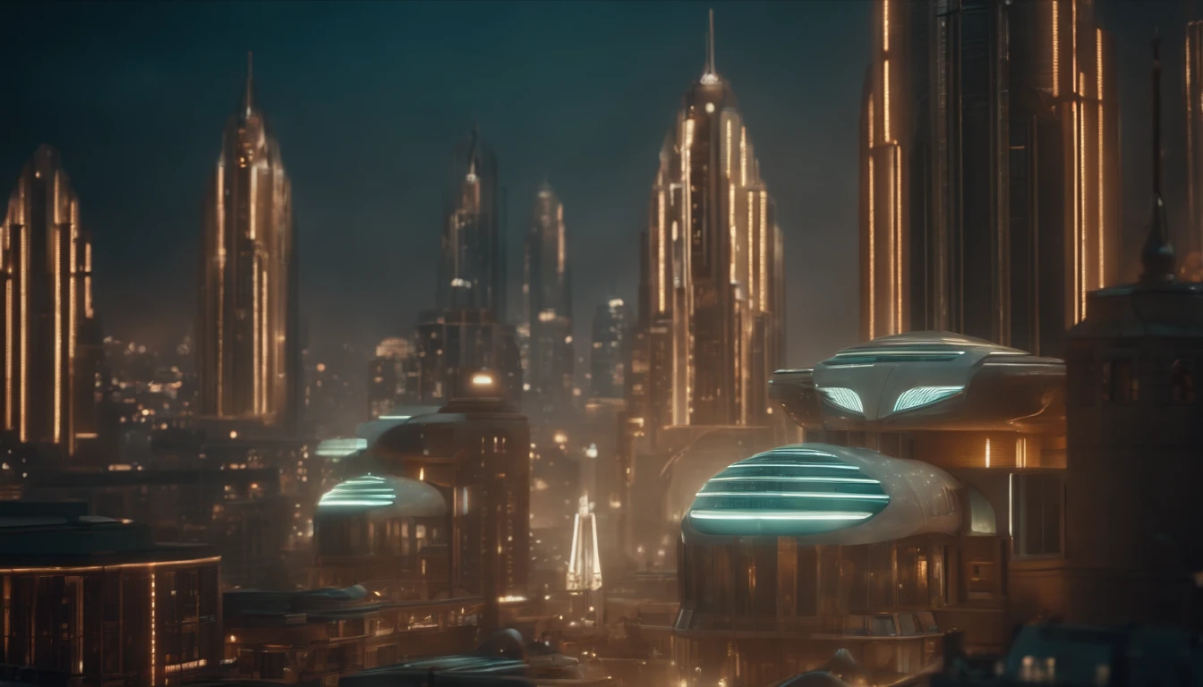 A futuristic Decopunk utopian metropolis with lots of Art Deco architecture, soft-lighting, foco nítido, qualidade 8k, Foto RAW