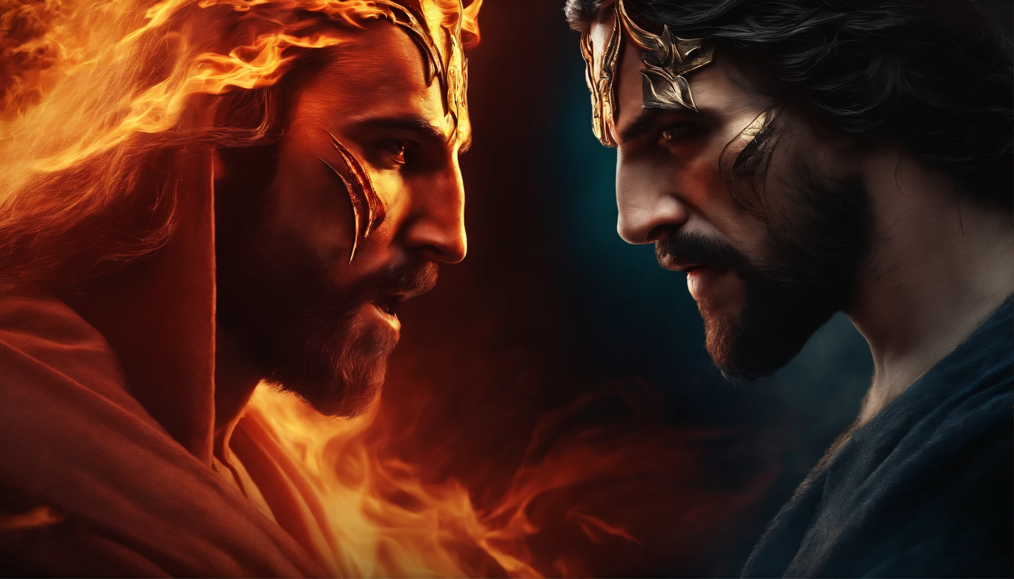 Create a striking image of the confrontation, with Jesus Christ and the demon facing each other, surrounded by flames and shadows.