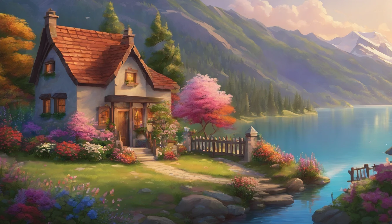 painting of a cottage, flowers beside of fence, fence along the road, mountain landscape with a lake and a boat, illustration matte painting, inspired by Thomas Kinkade, symmetric matte painting, detailed scenery , style raw, 8 k ultra detailed