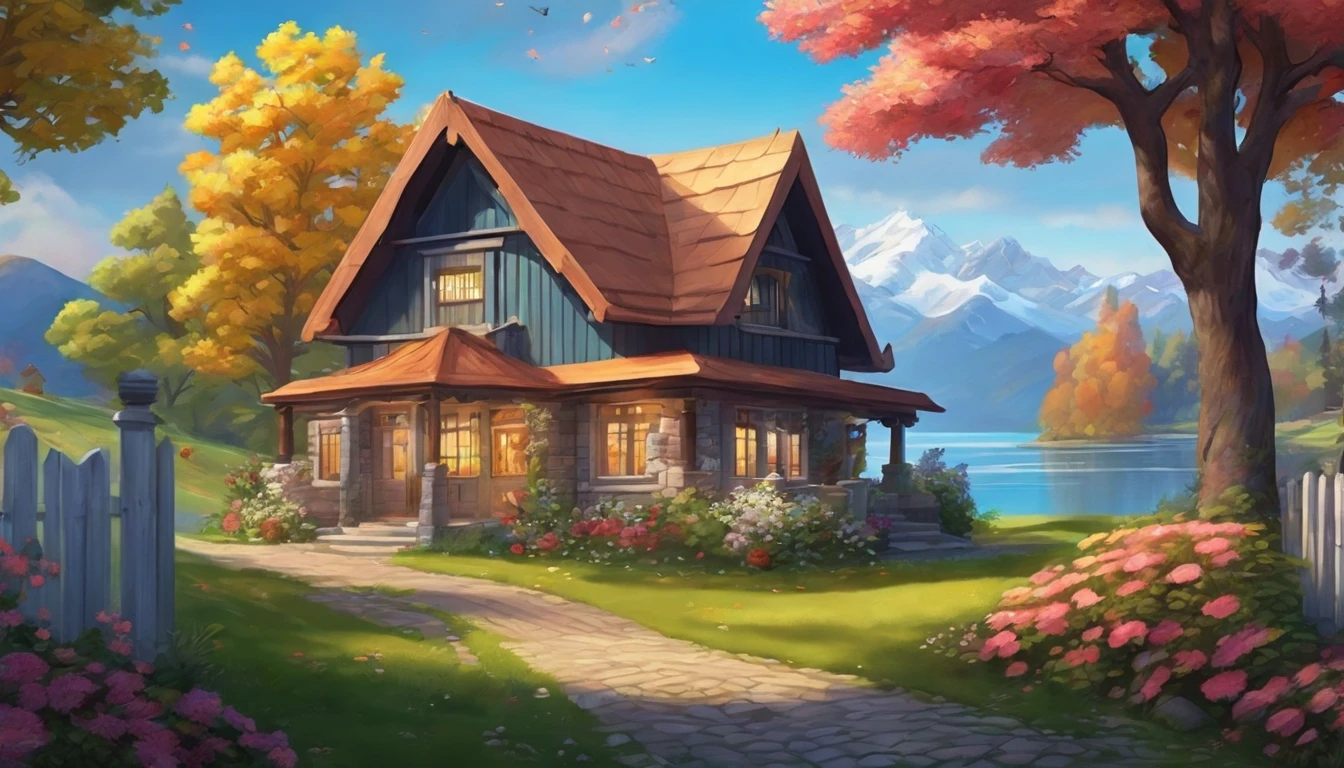 painting of a cottage, flowers beside of fence, fence along the road,  mountain landscape with a lake and a boat, illustration matte painting,  inspired by Thomas Kinkade, symmetric matte painting, detailed scenery , style raw, 8 k ultra detailed