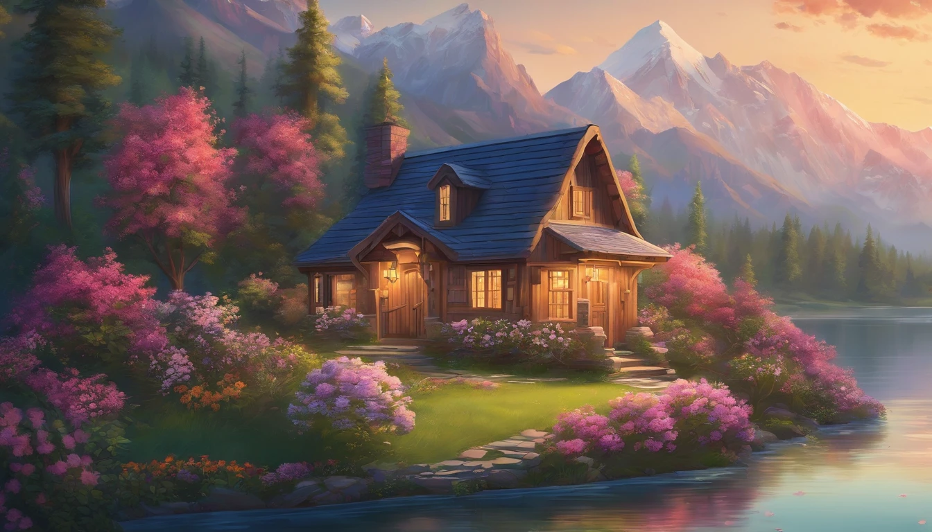 painting of a cottage, flowers beside of fence, fence along the road, mountain landscape with a lake and a boat, illustration matte painting, inspired by Thomas Kinkade, symmetric matte painting, detailed scenery , style raw, 8 k ultra detailed