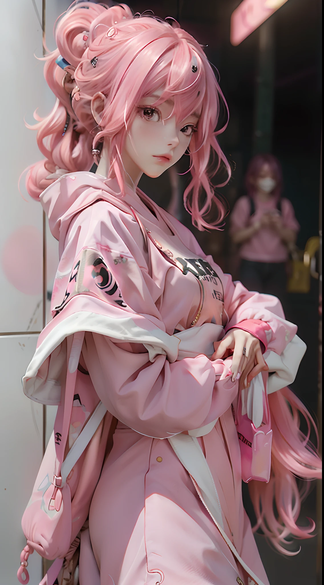 anime girl with pink hair with a backpack, she is wearing streetwear, with pink hair, portrait of jossi of blackpink, ulzzang, ((pink)), jossi of blackpink, lalisa manoban of blackpink, wearing cyberpunk streetwear, japanese streetwear, with long hair, anime girl in real life, casual pose, pink girl