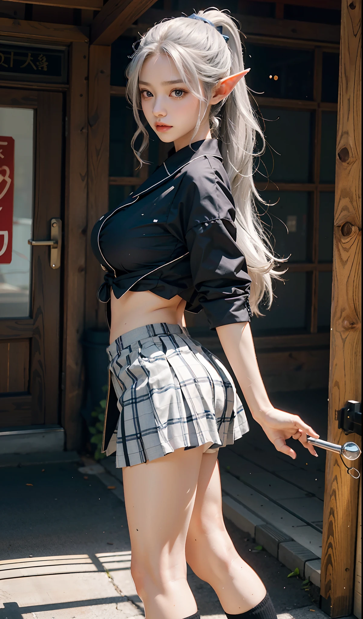 （Extremely normal body）Japanese-style town：1 Elf beauty，JK school uniform，(Elf long ears)，Short silver-white hair，Half-tied ponytail。Uniform for female high school students)，Short plaid skirt，Black short stockings，Black socks, Black socks，Translucent black socks，slippers，Jade foot ， very detailed eyes and faces， Sharp pupils， realistic pupil， tack sharp focus， cinmatic lighting，full bodyesbian，Bigboobs，long leges，From the front side，dynamicposes，Normal posture，closeup of face