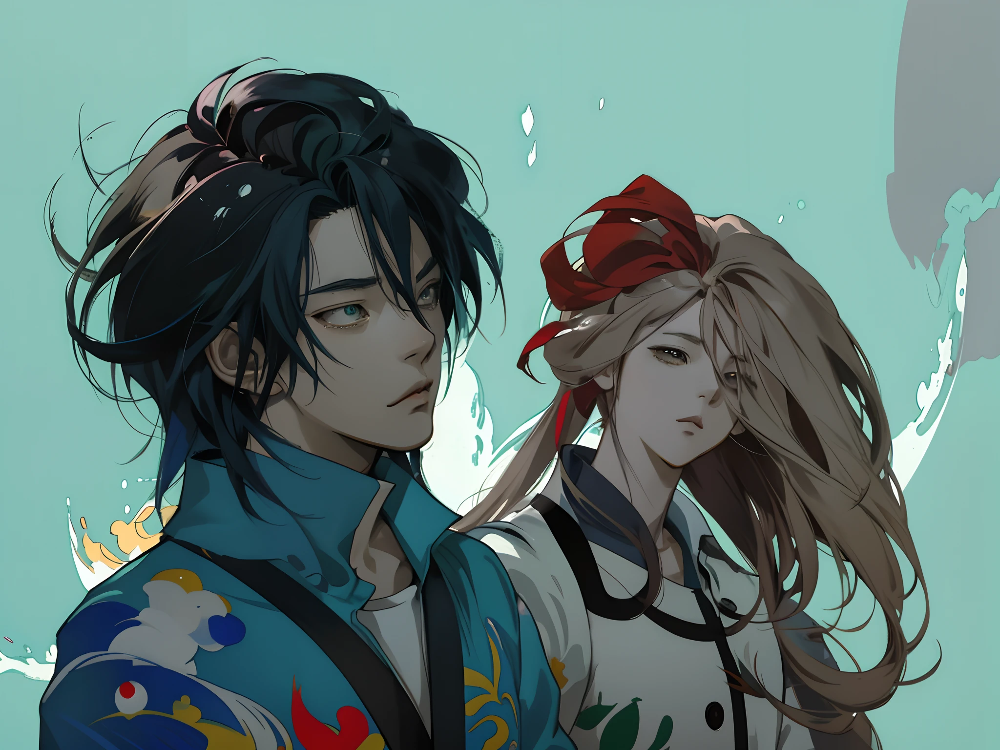 there are two people that are standing next to each other, medium shot of two characters, 2d anime, 2 d anime style, 2 d art, 2D art, jazza and rossdraws, High-quality fanart, monet and da vinchi art style, 2d art cover, fool and pixel jeff, limited palette, painted in high resolution