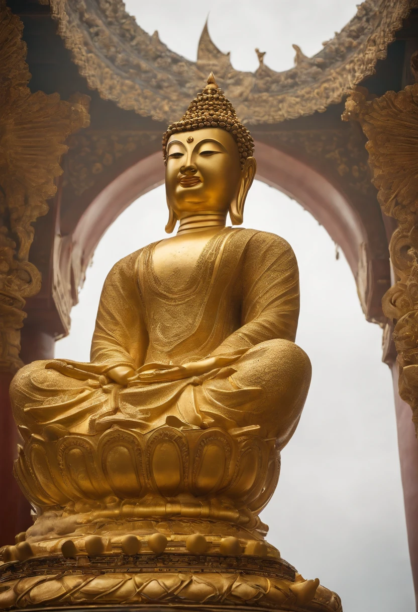 A huge golden Buddha statue rushed into the clouds,Figure: neck, limb length, proportions,Pilgrims on the road,light smile,China style,In the distance, surrealism, stereograms, tachi-e, Atmospheric perspective, hyper photorealism, Cinematic lighting, god light, Super detail, ccurate, Best quality, masutepiece, 16 k, High details, A high resolution, awardwinning, Super detail, Anatomically correct