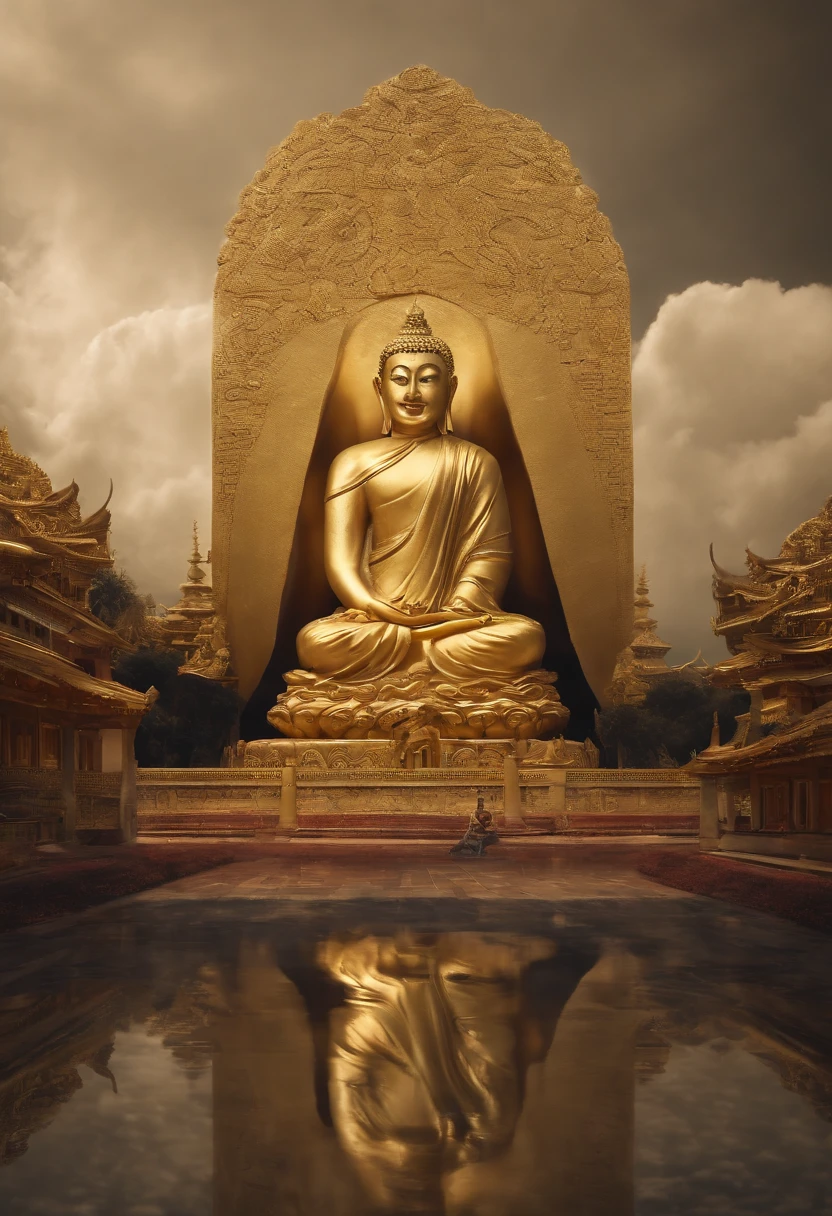 A huge golden Buddha statue rushed into the clouds，Figure: neck, limb length, proportions，Pilgrims on the road，light  smile,China style，In the distance, surrealism, stereograms, tachi-e, Atmospheric perspective, hyper photorealism, Cinematic lighting, god light, Super detail, ccurate, Best quality, masutepiece, 16 k, High details, A high resolution, awardwinning, Super detail, Anatomically correct