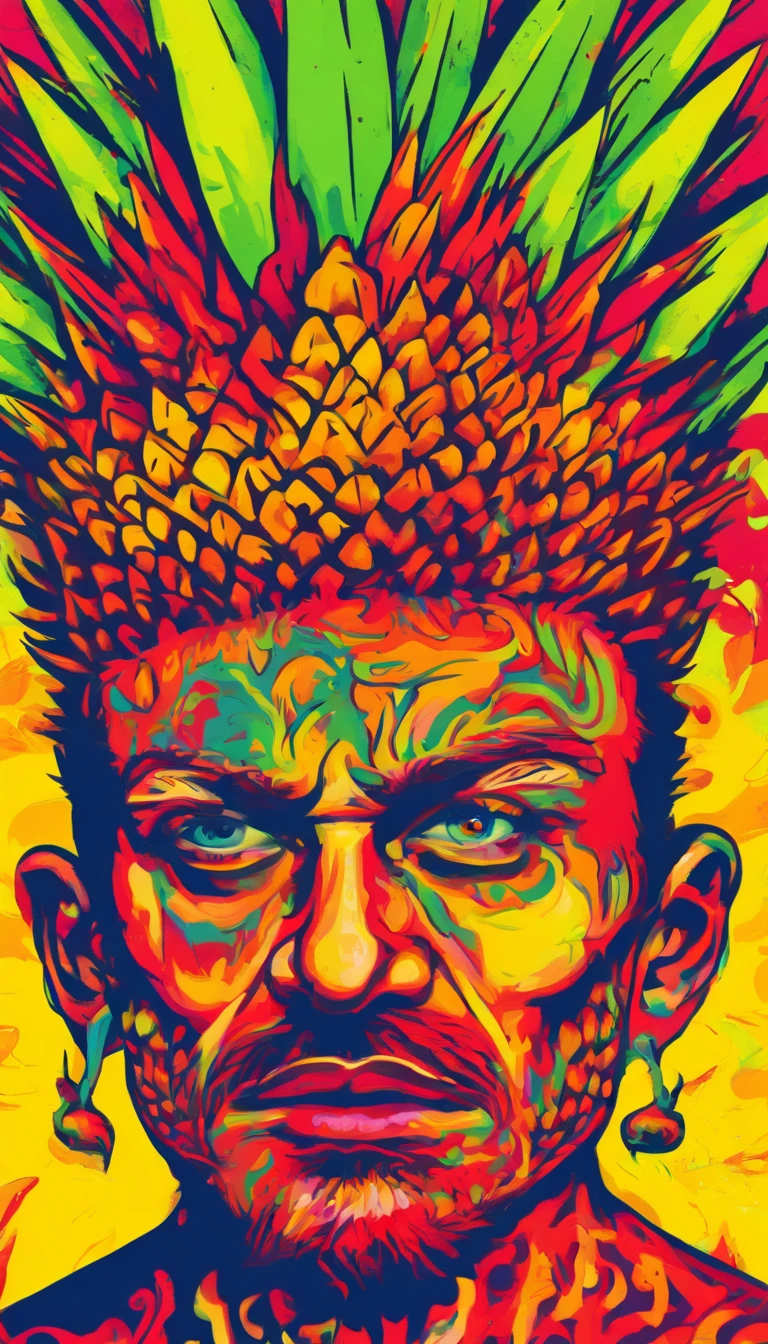 A male eating a Pineapple, Angry, Perfect body, perfect face Cinematic, Terror, horror, Red bioluminicense, HD, Dark fantaksy, dripping colors