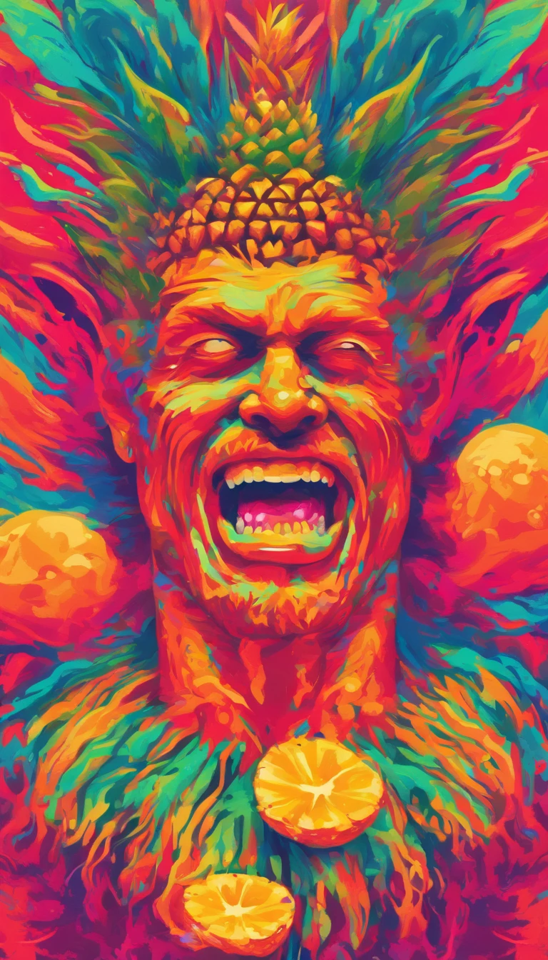A male eating a Pineapple, Angry, Perfect body, perfect face Cinematic, Terror, horror, Red bioluminicense, HD, Dark fantaksy, dripping colors