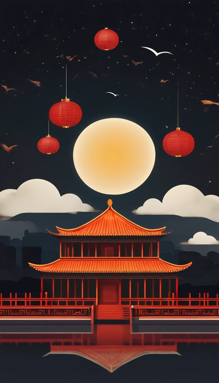 4K,Tiananmen,Graphic design,Geometric composition,during night,Huge Full Moon,A small amount of smoke,Cans,A small amount of Cantonese egg yolk mooncakes, Mooncake size, poster for, Fresh style background, Attractive,Ultra HD,tmasterpiece,romanticism lain, Minimalism, Close-up, 8K,ccurate, Best quality, hyper HD