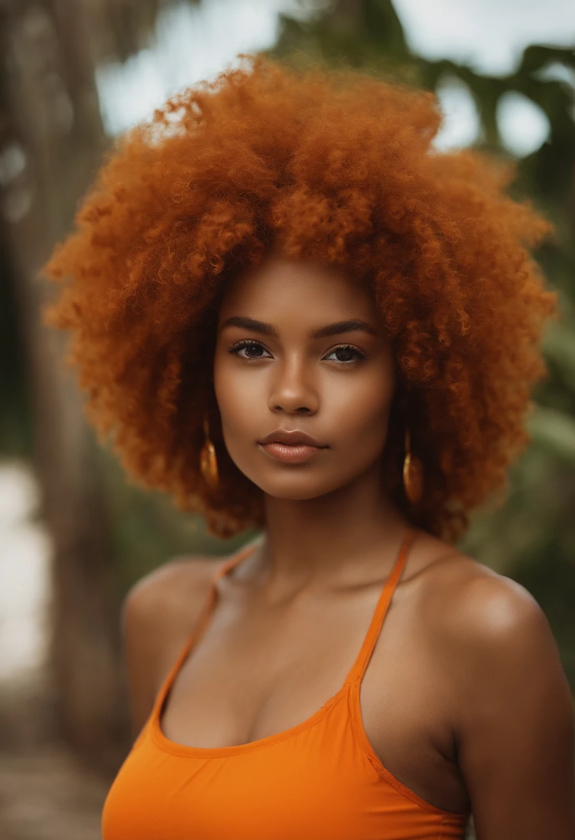 metisse girl with orange curly afro with a bikini and she shows to everybody her buttoks