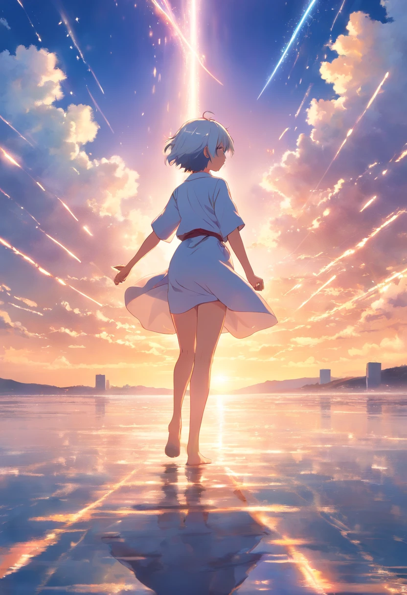 obra-prima, melhor qualidade, filme ainda, 1boy, white cloat, floating into the sky, white hair , brilhante, feliz, Soft lighting and Warm, sun sunset, (Sparks: 0,7)