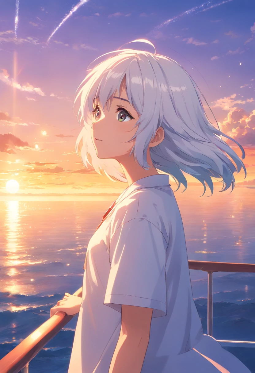obra-prima, melhor qualidade, filme ainda, 1boy, white cloat, floating into the sky, white hair , brilhante, feliz, Soft lighting and Warm, sun sunset, (Sparks: 0,7)