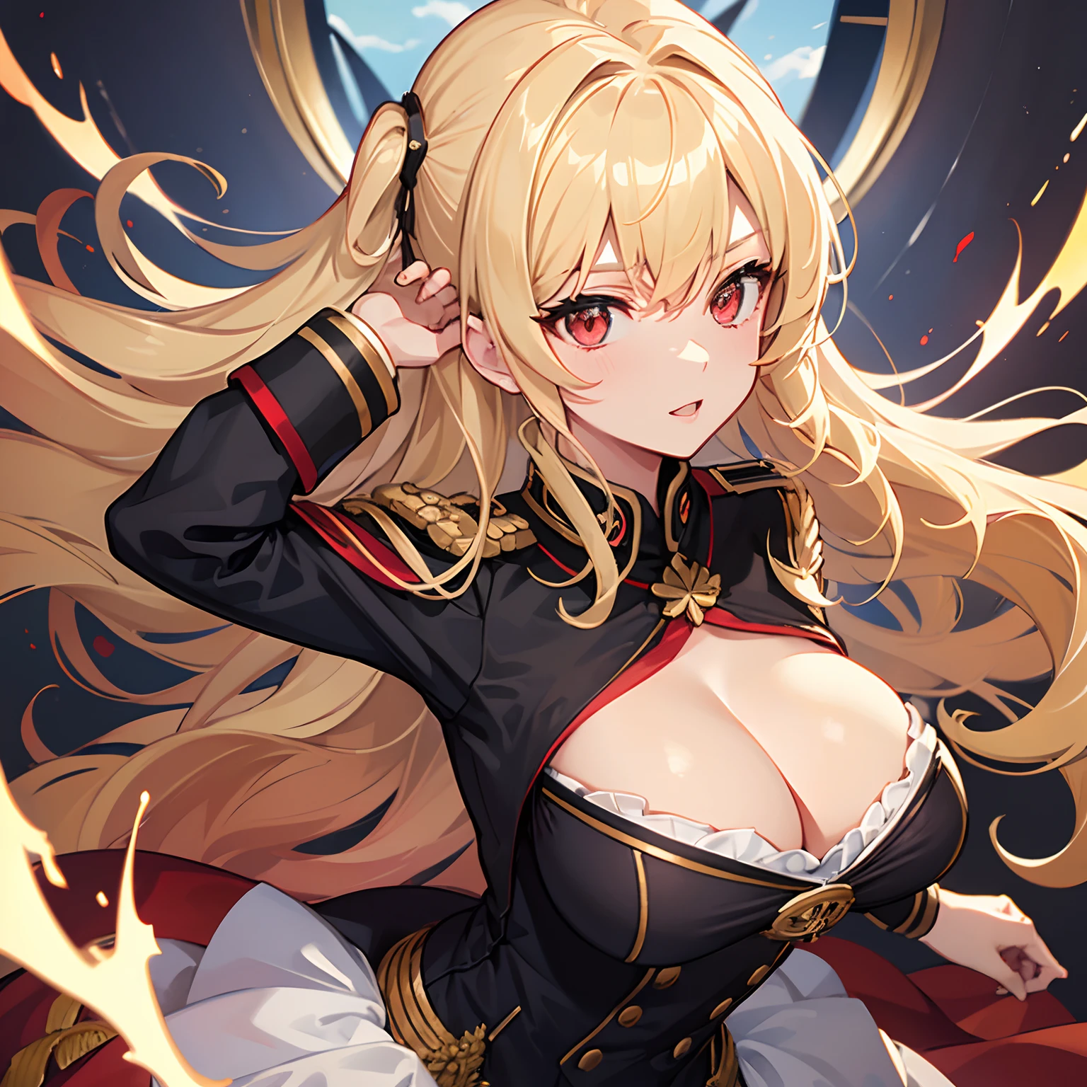 1girl, red eyes, blonde hair, curly hair, military uniform, big breasts