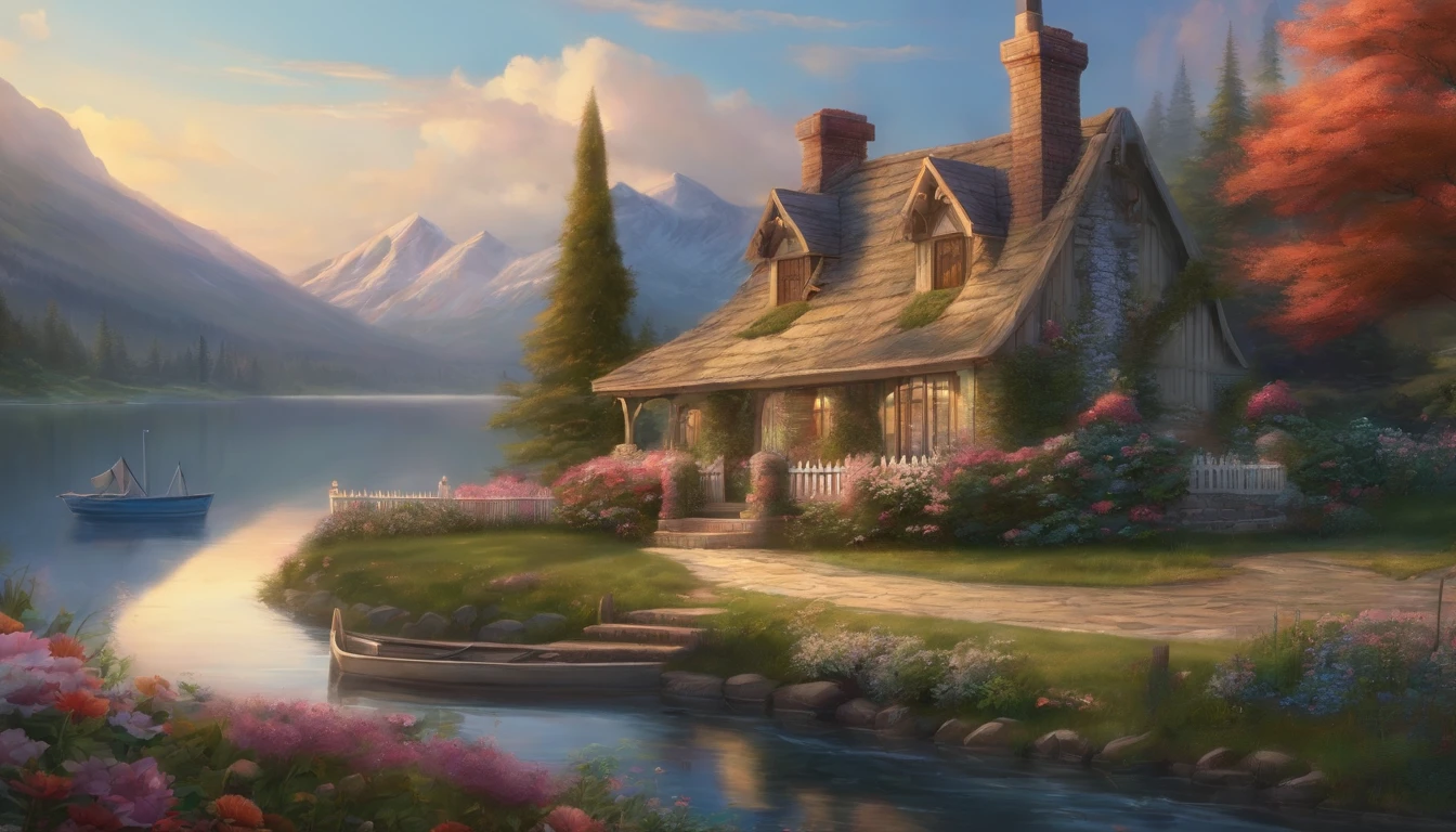 painting of a cottage, flowers beside of fence, fence along the road,  mountain landscape with a lake and a boat, illustration matte painting,  inspired by Thomas Kinkade, symmetric matte painting, detailed scenery , style raw, 8 k ultra detailed