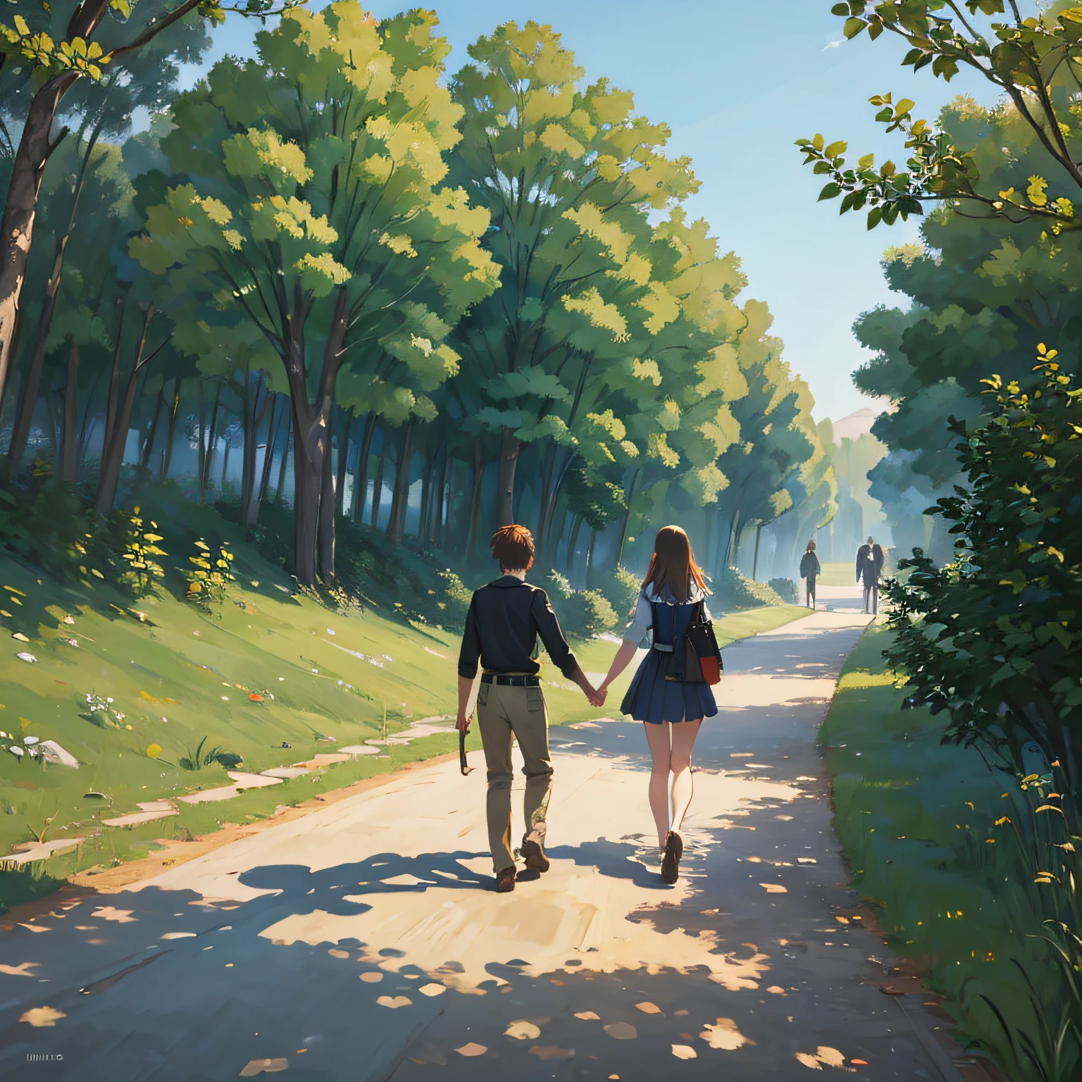 Cézanne's paintings, Beautiful morning landscape, in woods, 1boy and 1girl, 18year old, Walking down the street holding hands, Rear view from a distance